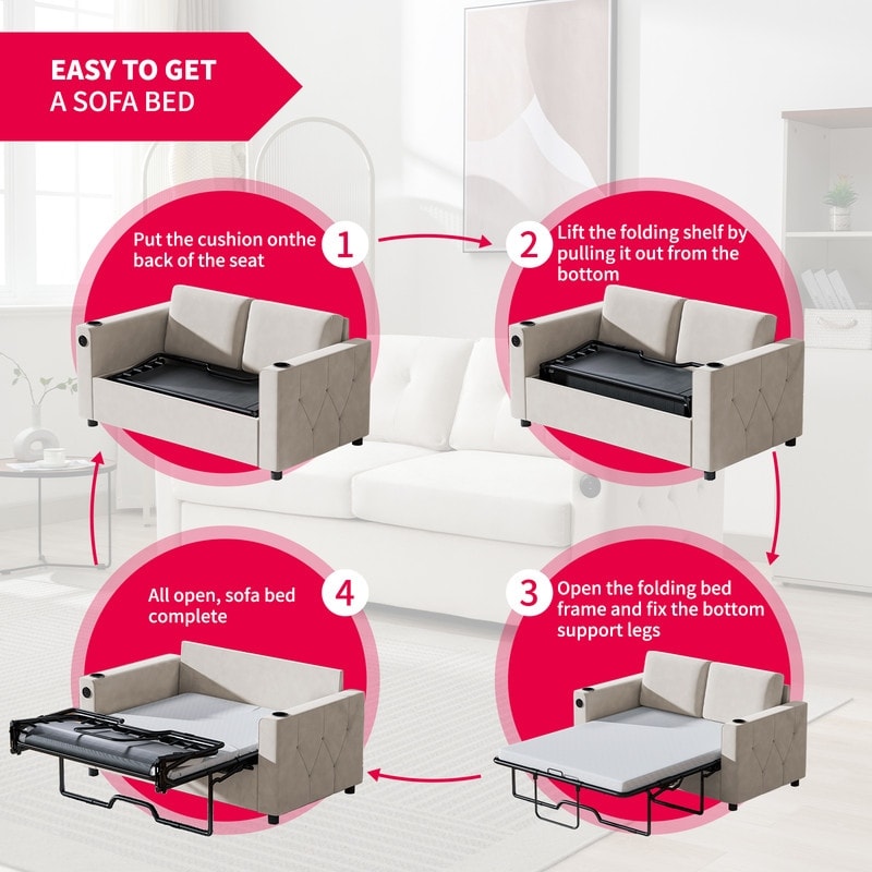 Mixoy Pull Out Sofa Bed,Sleeper Sofa Couch with Memory Foam Mattress,Cup Holder,USB,Pull Out Couch Bed