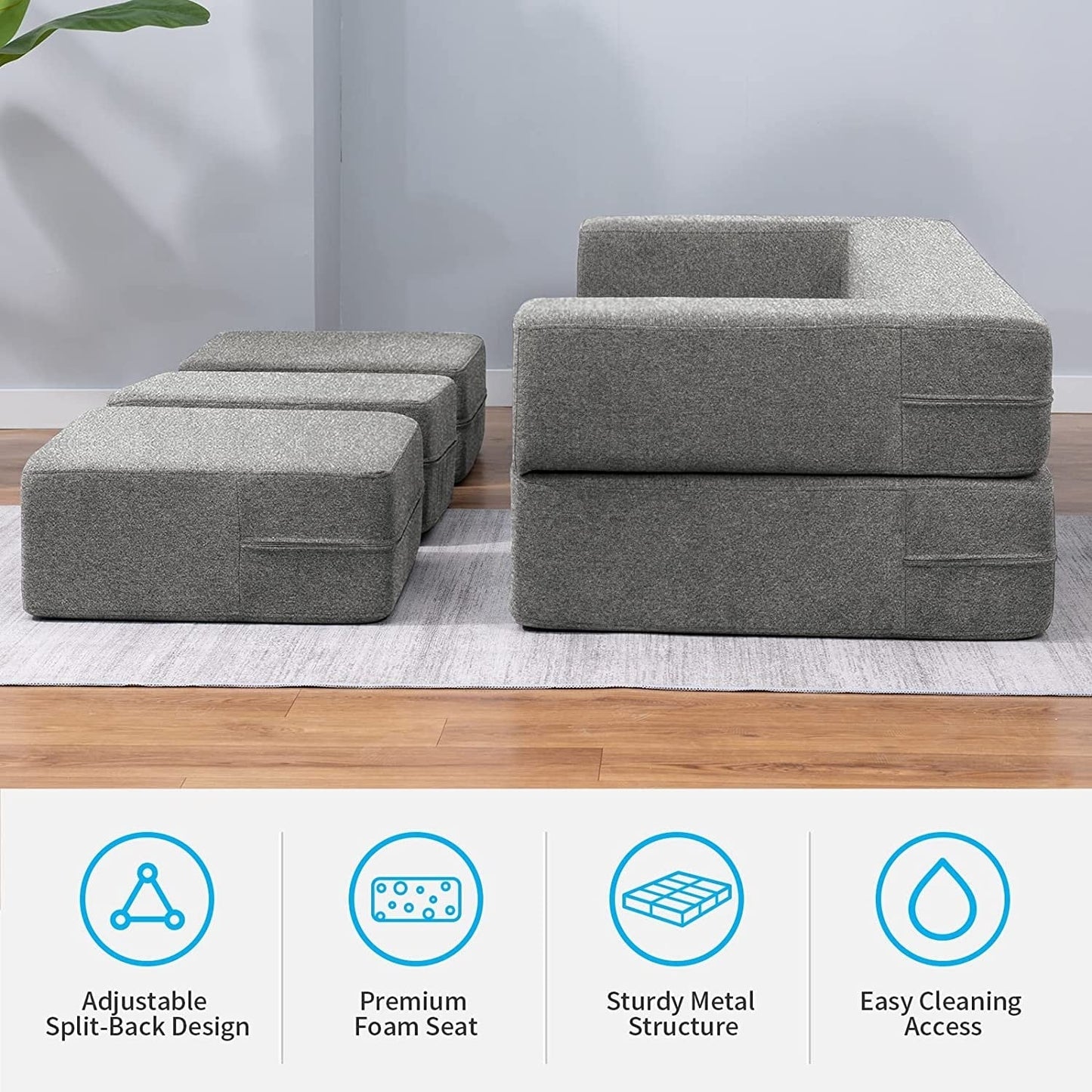 Mixoy Queen Convertible Velvet Futon Sofa Bed with 3 Ottomans,Memory Foam,Foldable Mattress Floor Couch Sofa