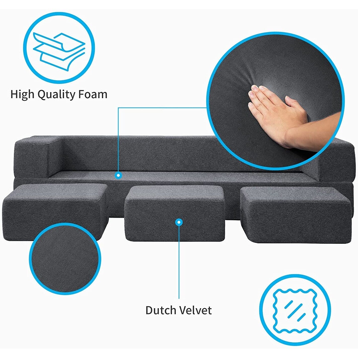 Mixoy Queen Convertible Velvet Futon Sofa Bed with 3 Ottomans,Memory Foam,Foldable Mattress Floor Couch Sofa