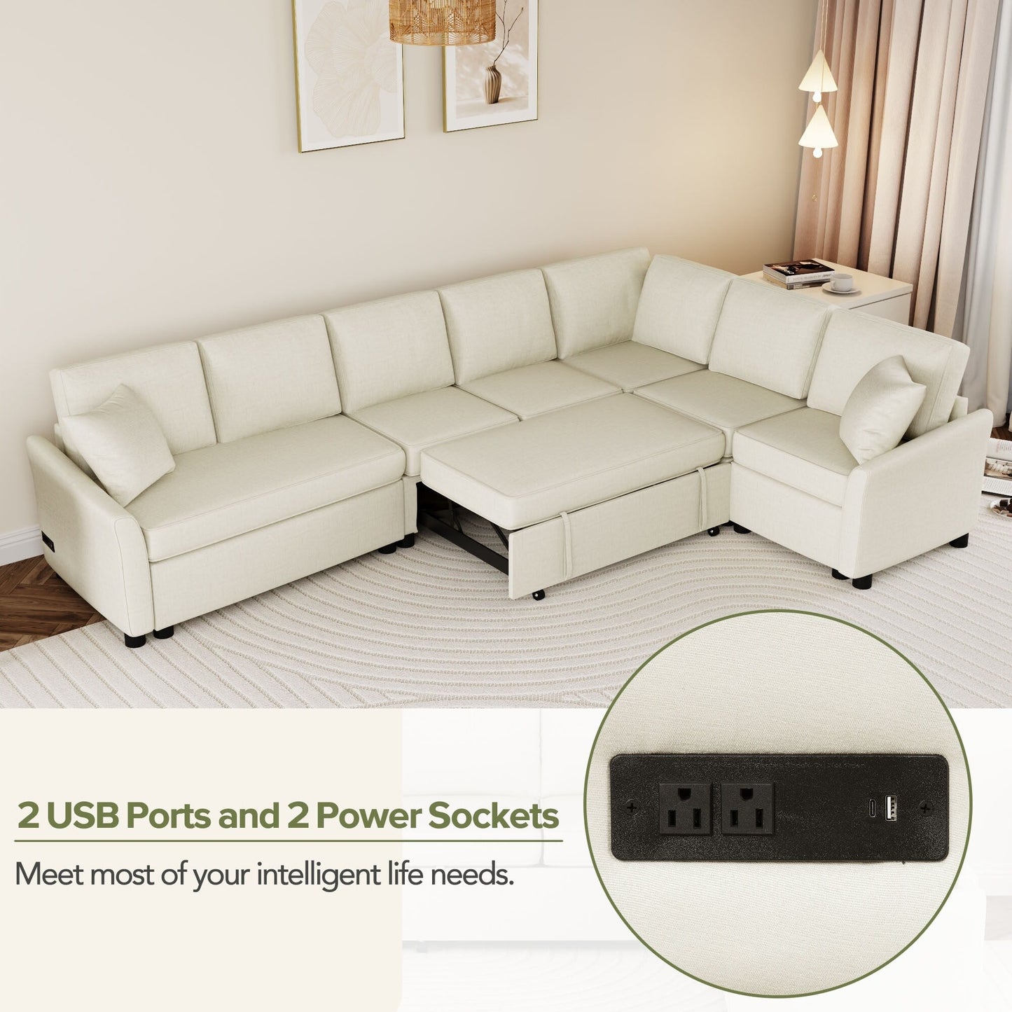Modern Chenille L-Shaped Sectional Sofa with Pull-Out Bed, USB Charging Ports and Power Outlets for Living Room