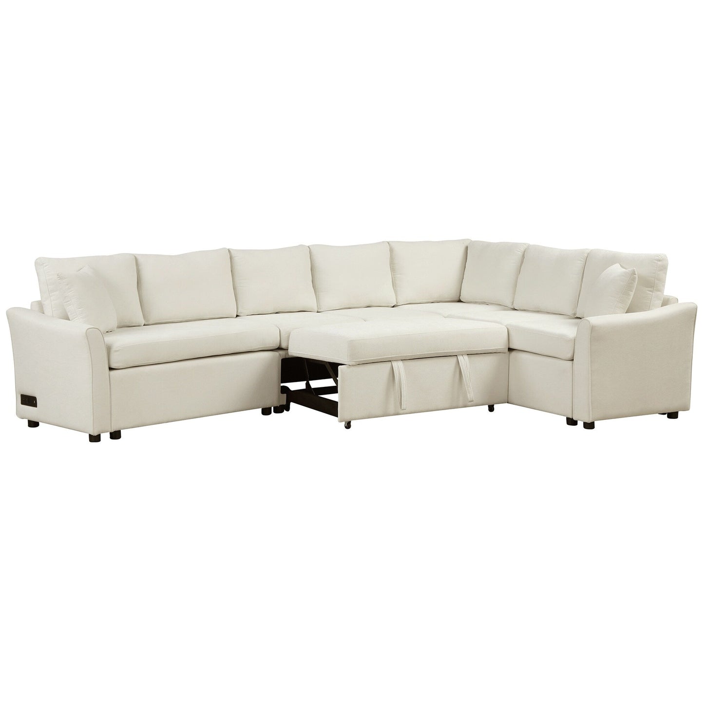 Modern Chenille L-Shaped Sectional Sofa with Pull-Out Bed, USB Charging Ports and Power Outlets for Living Room