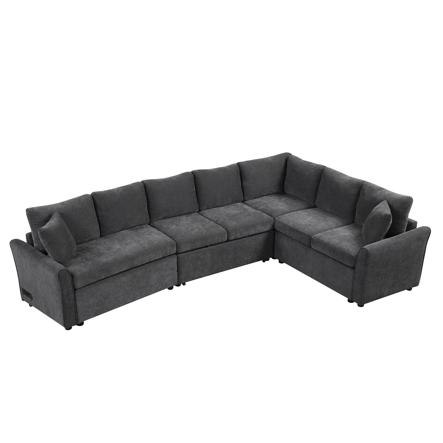 Modern Chenille L-Shaped Sectional Sofa with Pull-Out Bed, USB Charging Ports and Power Outlets for Living Room
