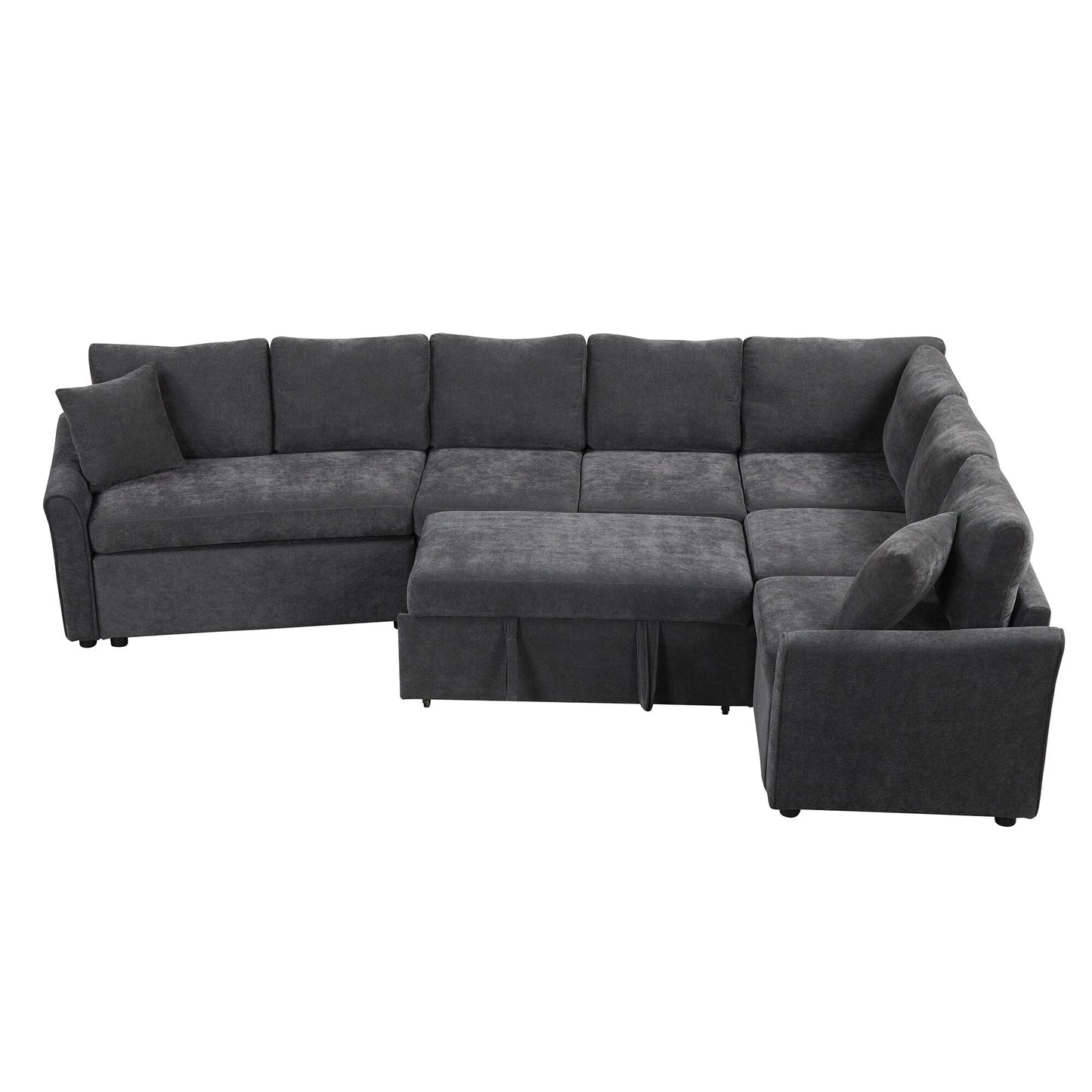 Modern Chenille L-Shaped Sectional Sofa with Pull-Out Bed, USB Charging Ports and Power Outlets for Living Room