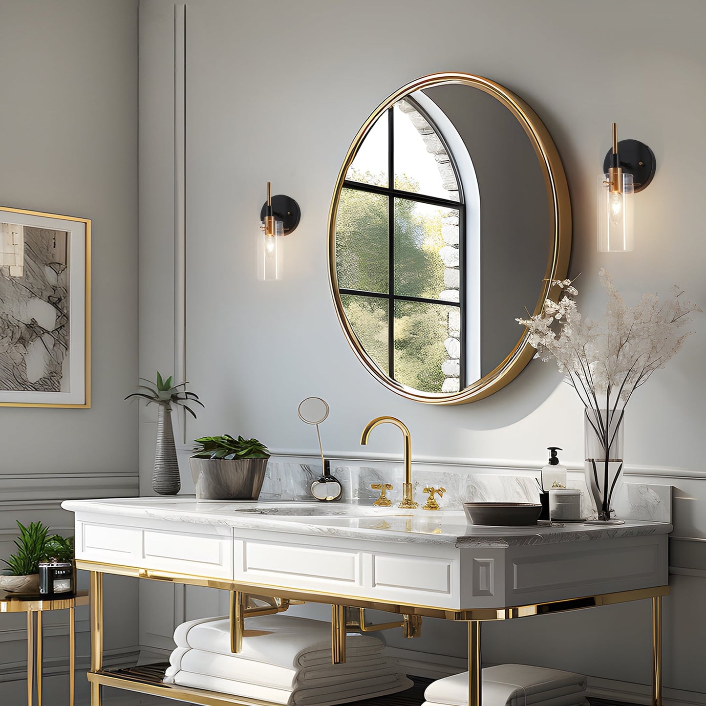 Moderne Bauernhaus-Wandleuchte mit 1 Licht, Schwarzgold, mit Glasschirm