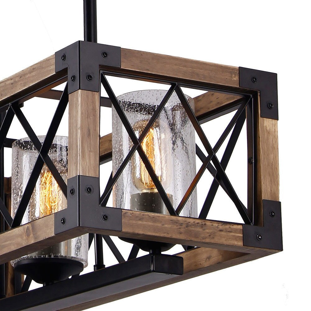 Moderner rechteckiger Kronleuchter im Landhausstil mit 5 Lichtern aus Holz und Saatglas, Kücheninselleuchten für das Esszimmer – 31,5 L x 8,75 B x 8 H