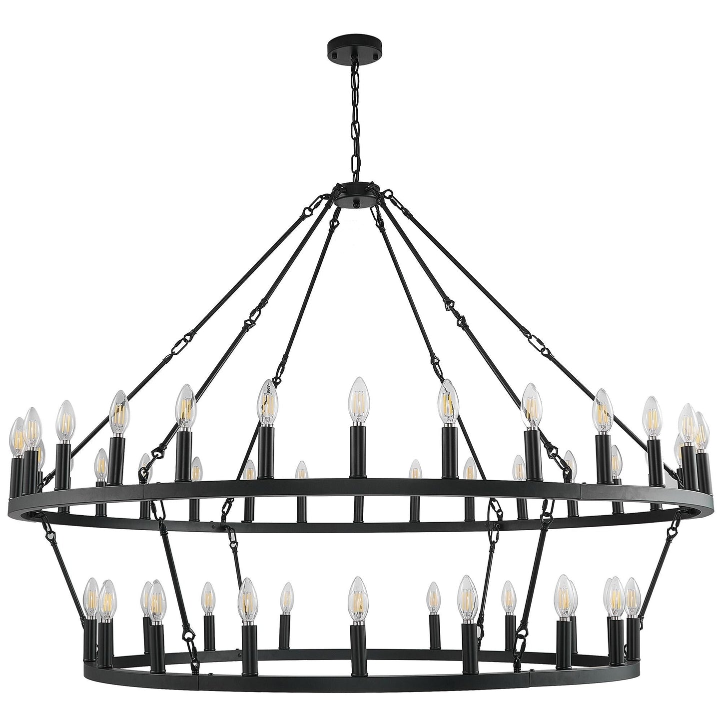 Moderner Kronleuchter im Landhausstil, zweistöckig, runder Kronleuchter mit Wagenrädern, große, hohe Deckenleuchte.
