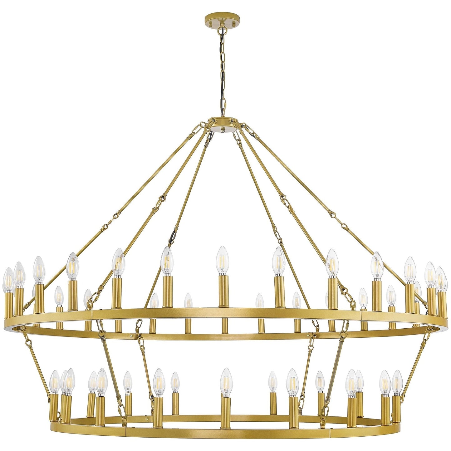 Moderner Kronleuchter im Landhausstil, zweistöckig, runder Kronleuchter mit Wagenrädern, große, hohe Deckenleuchte.