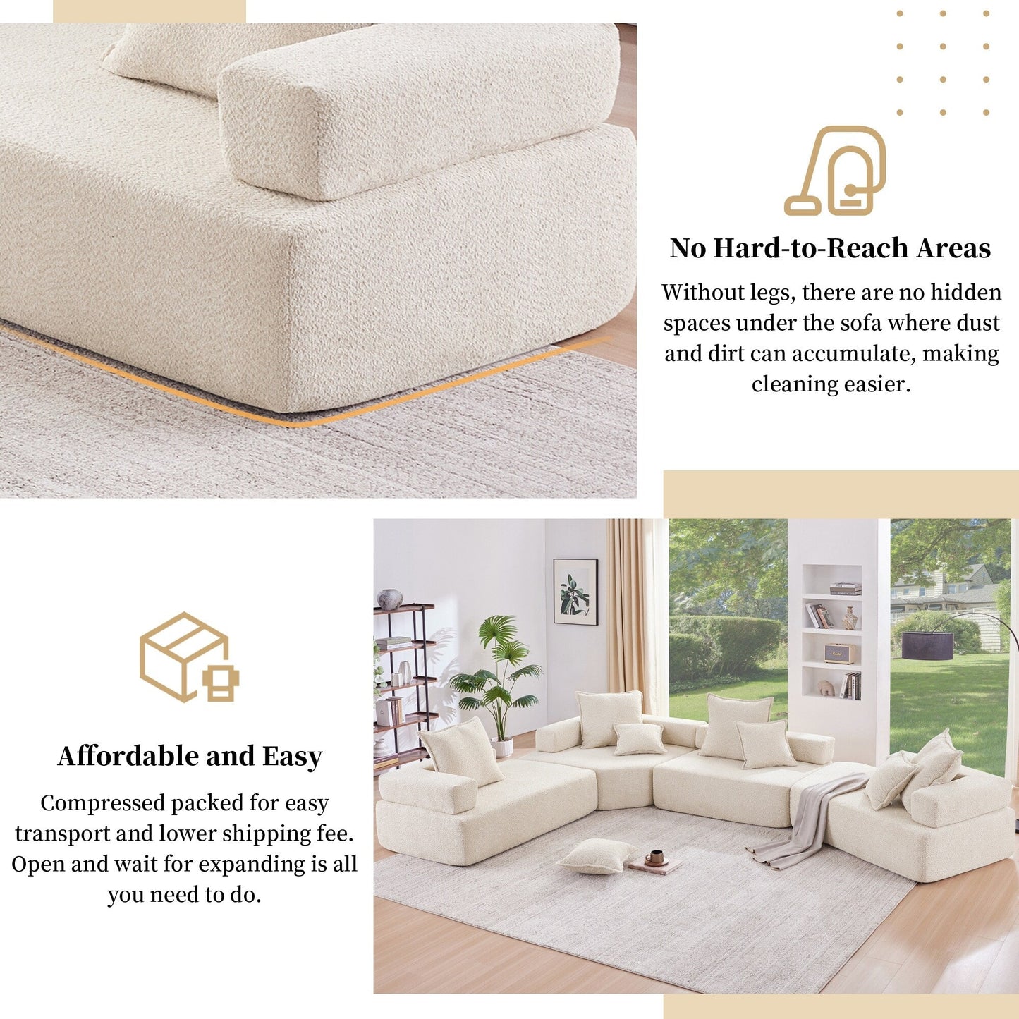Modern Floor Couch Convertible Compressed Couch, Special-Shaped Frame for Oversized Modular U Shaped Sectional Sofa