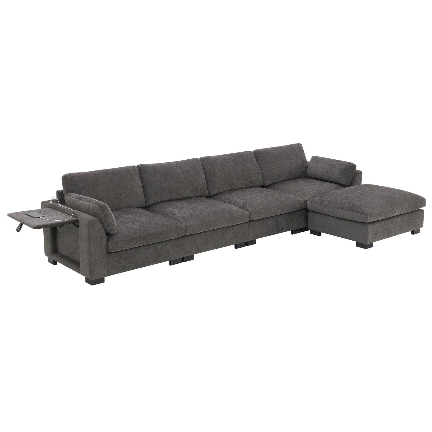 Modular L-Shaped Sectional Sofa with Foldable Table, Dual USB Charging, Side Storage Pockets and Movable Ottoman