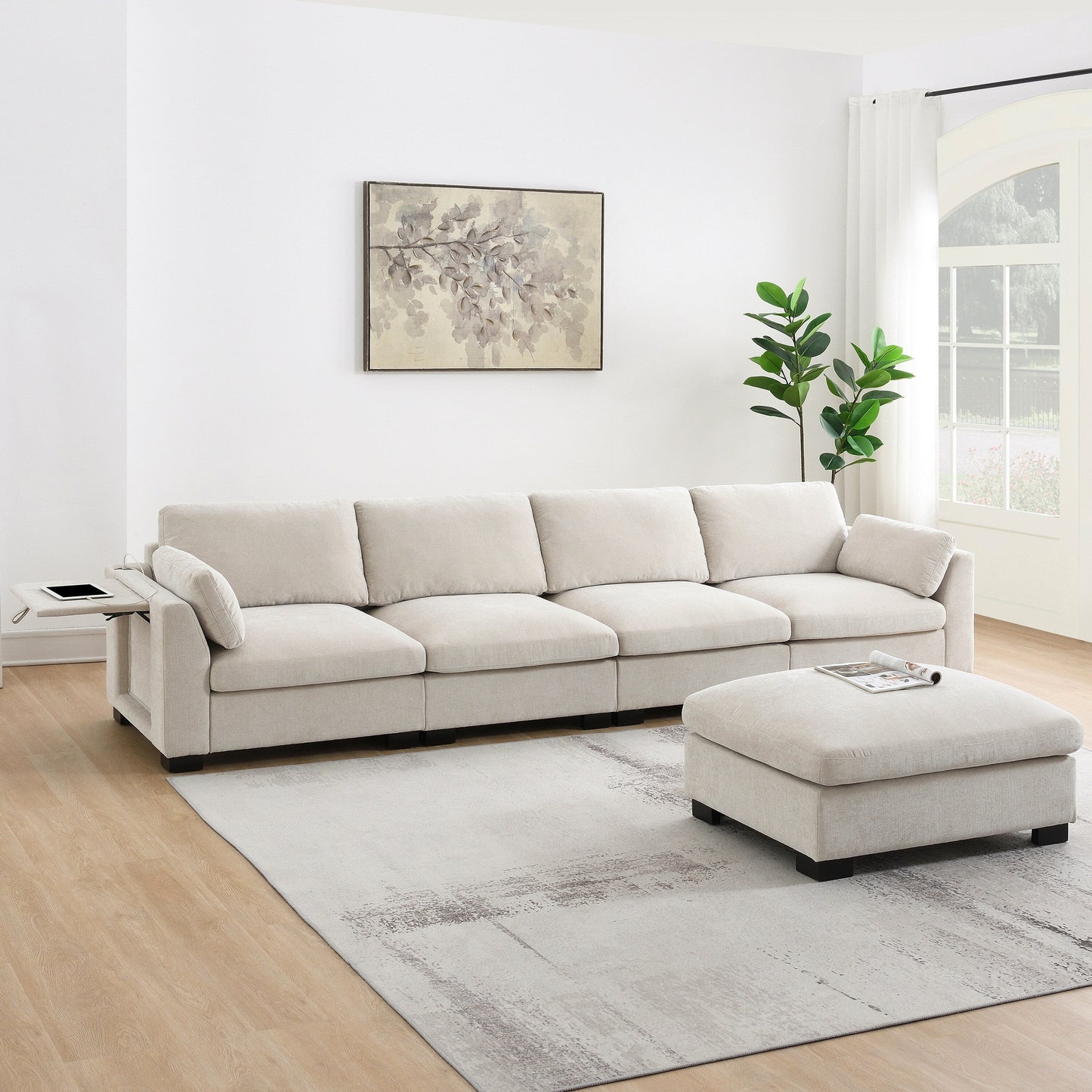 Modular L-Shaped Sectional Sofa with Foldable Table, Dual USB Charging, Side Storage Pockets and Movable Ottoman