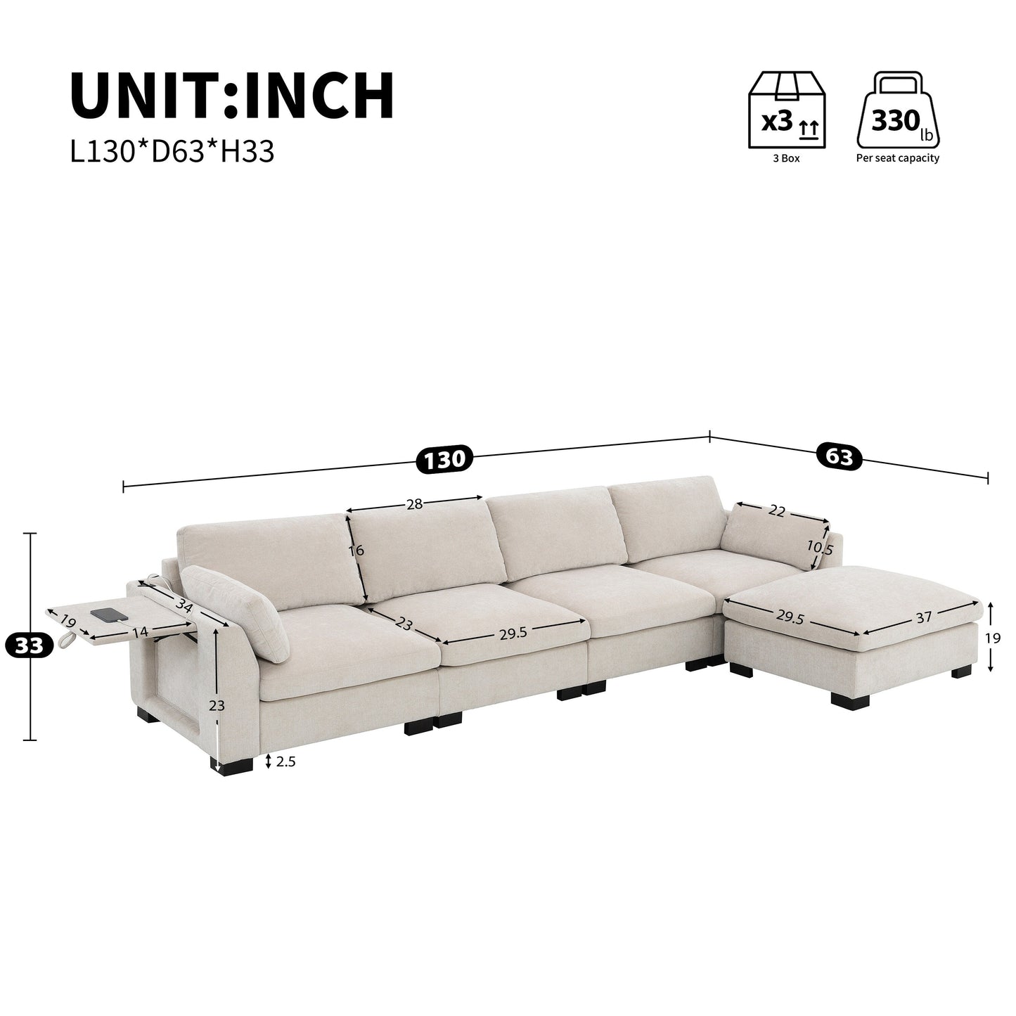 Modular L-Shaped Sectional Sofa with Foldable Table, Dual USB Charging, Side Storage Pockets and Movable Ottoman