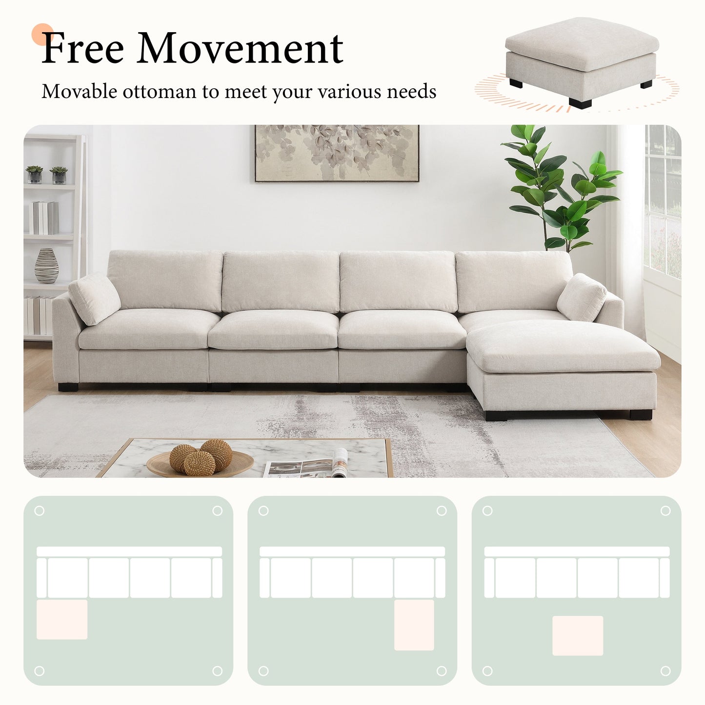 Modular L-Shaped Sectional Sofa with Foldable Table, Dual USB Charging, Side Storage Pockets and Movable Ottoman