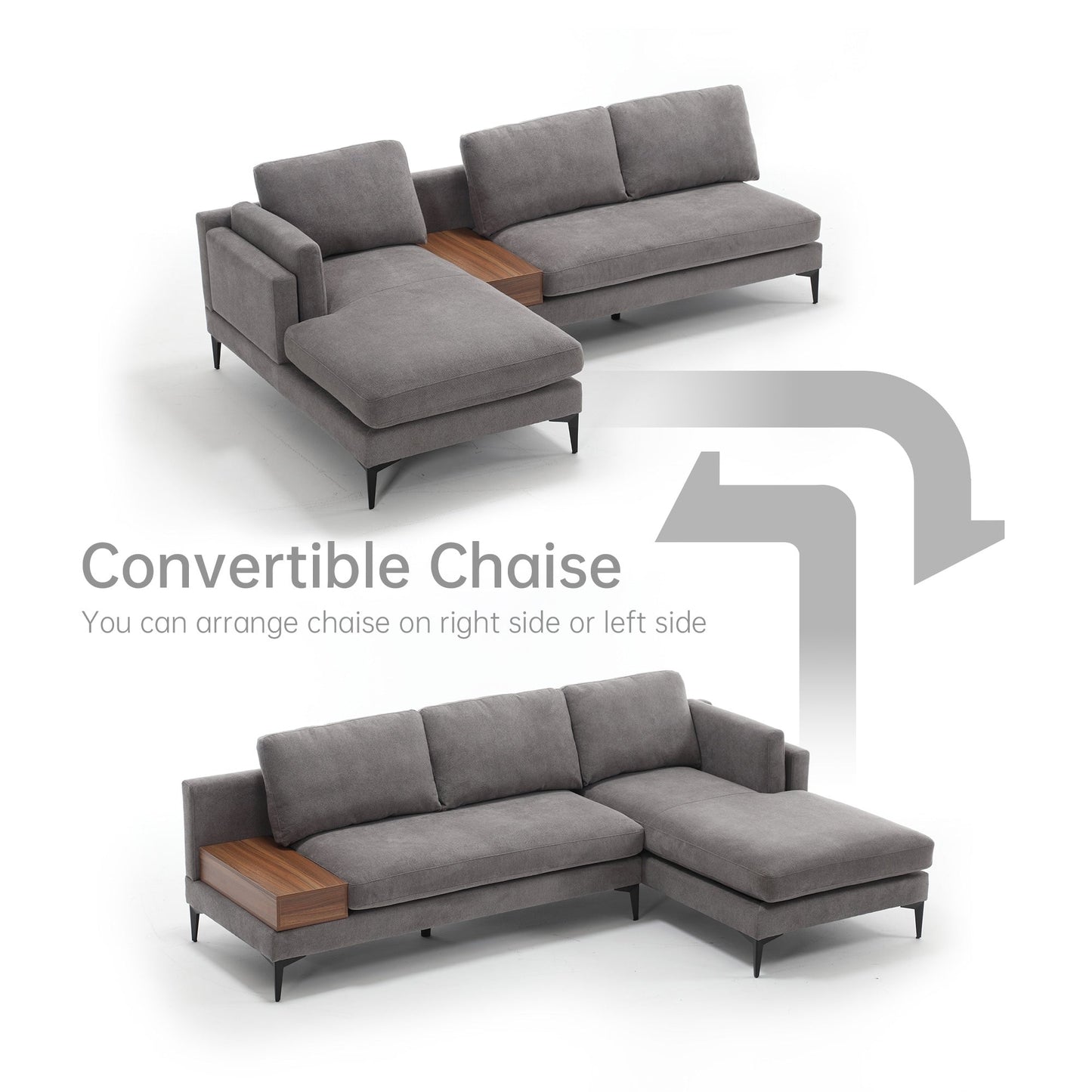 Modular L-shaped Sofa With a Reversible Design and Built-in Wooden Decorative Box