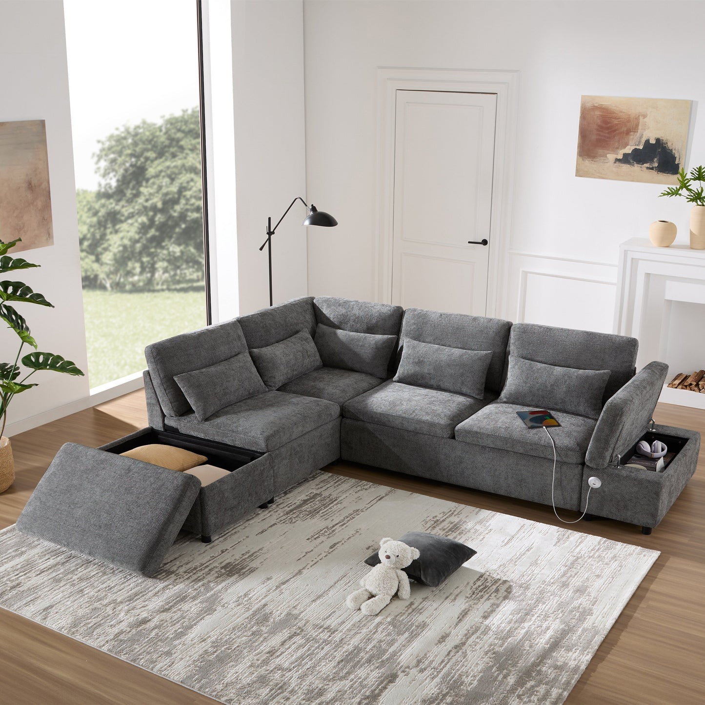 Modular Pull-Out Sectional Sofa Bed with Adjustable Charging Armrest and Storage Ottoman for Living Room Apartment
