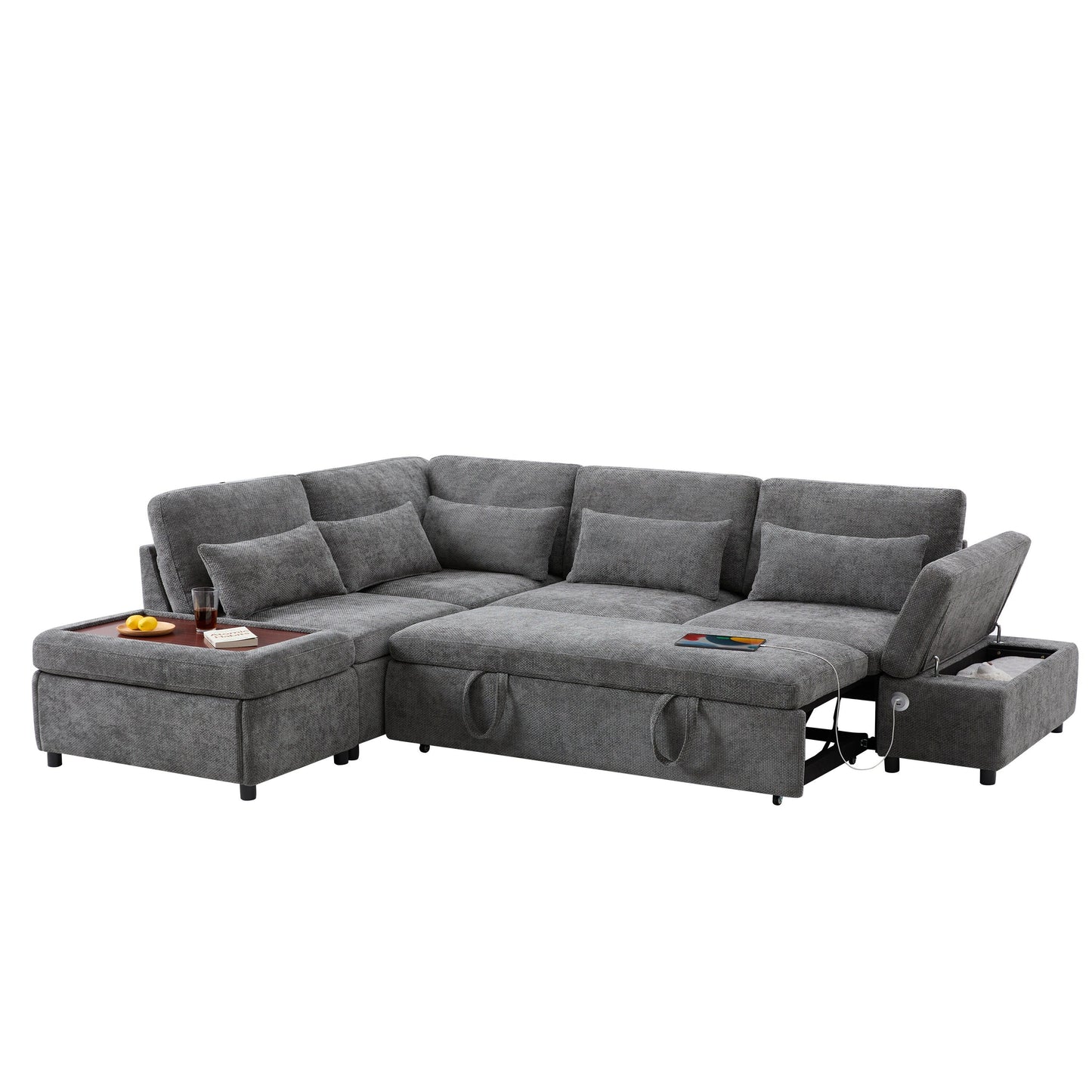 Modular Pull-Out Sectional Sofa Bed with Adjustable Charging Armrest and Storage Ottoman for Living Room Apartment