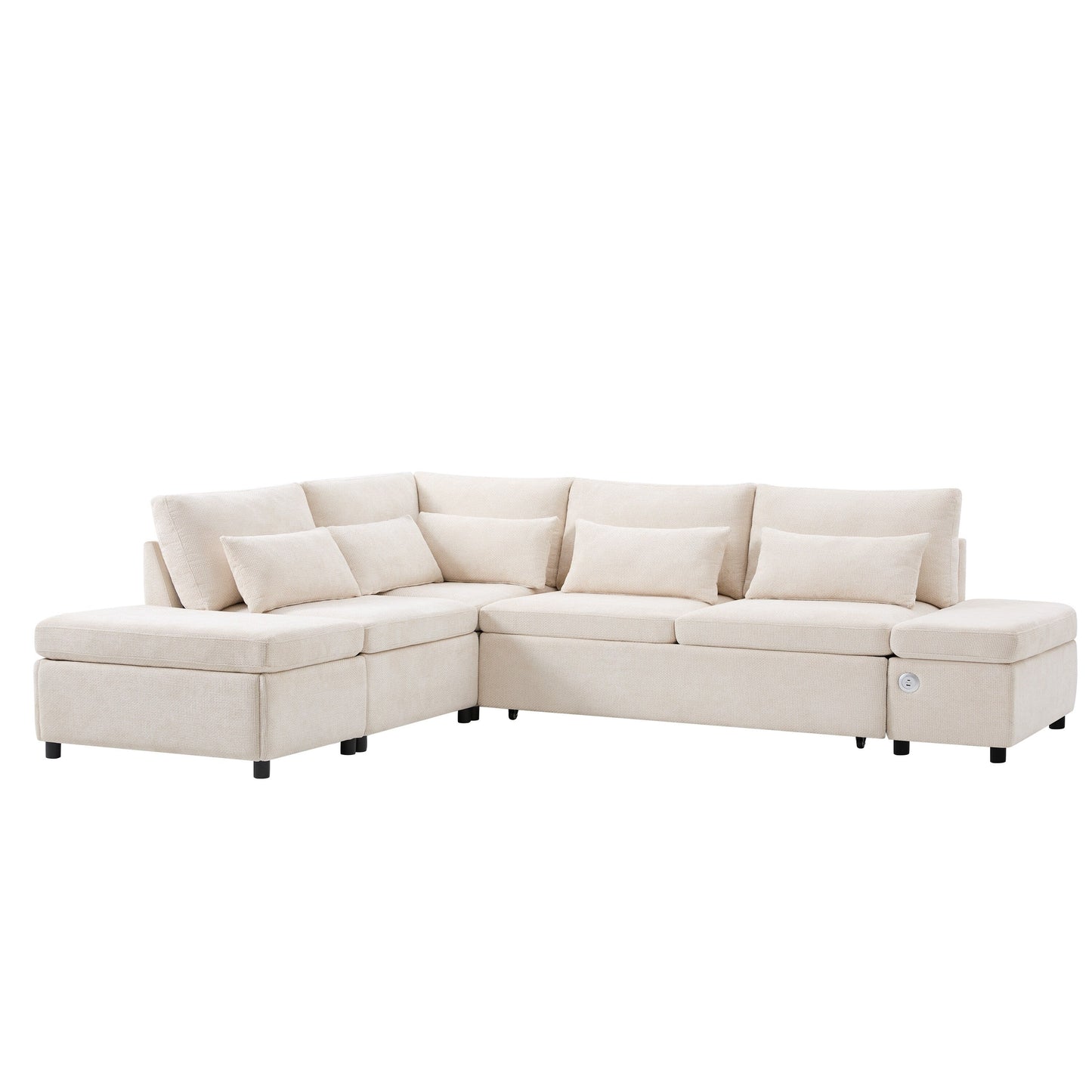 Modular Pull-Out Sectional Sofa Bed with Adjustable Charging Armrest and Storage Ottoman for Living Room Apartment
