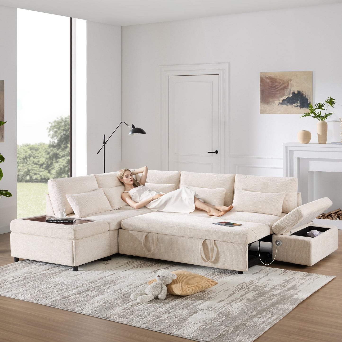 Modular Pull-Out Sectional Sofa Bed with Adjustable Charging Armrest and Storage Ottoman for Living Room Apartment