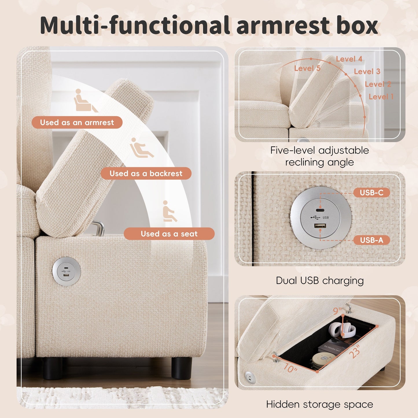 Modular Pull-Out Sectional Sofa Bed with Adjustable Charging Armrest and Storage Ottoman for Living Room Apartment