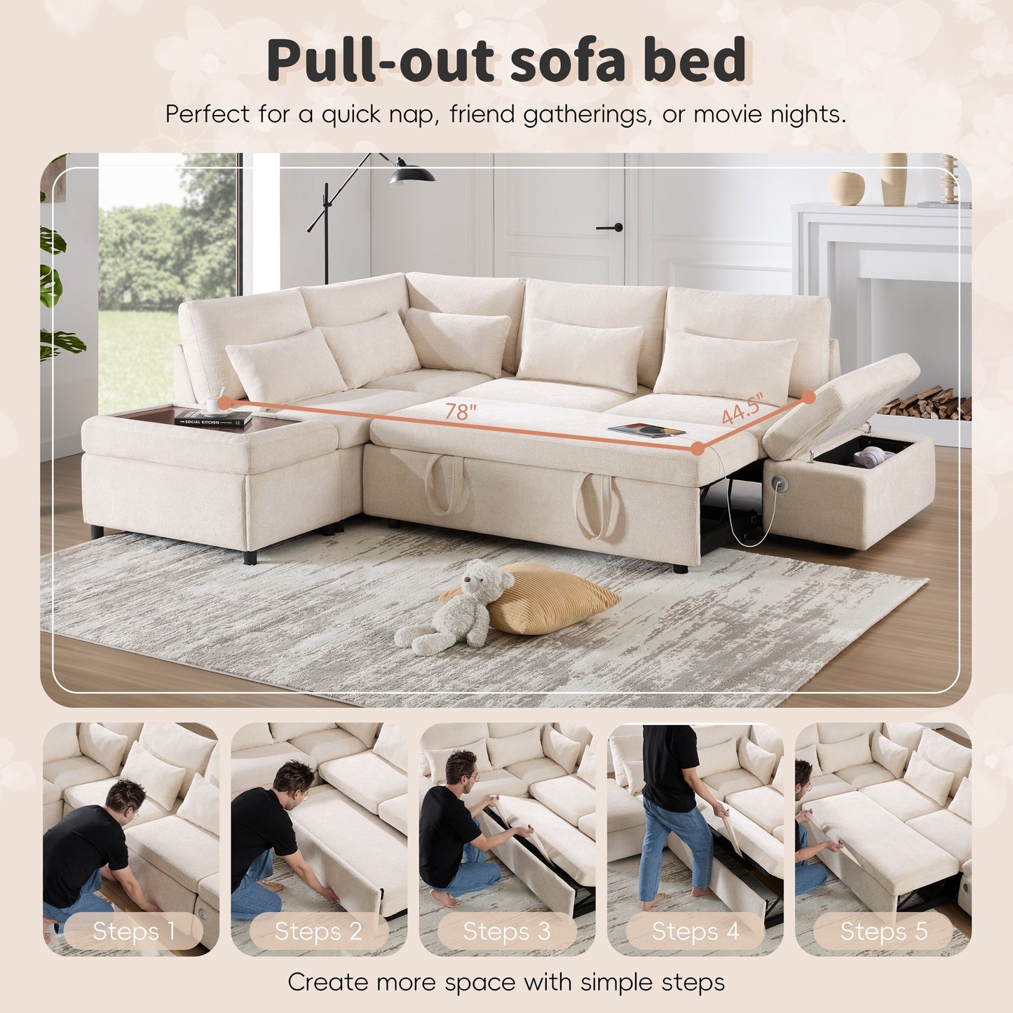 Modular Pull-Out Sectional Sofa Bed with Adjustable Charging Armrest and Storage Ottoman for Living Room Apartment