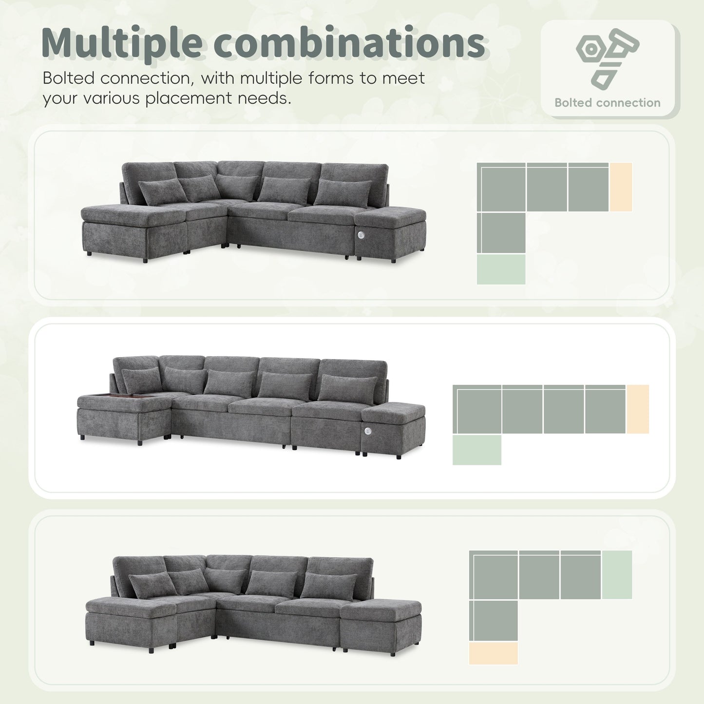 Modular Pull-Out Sectional Sofa Bed with Adjustable Charging Armrest and Storage Ottoman for Living Room Apartment