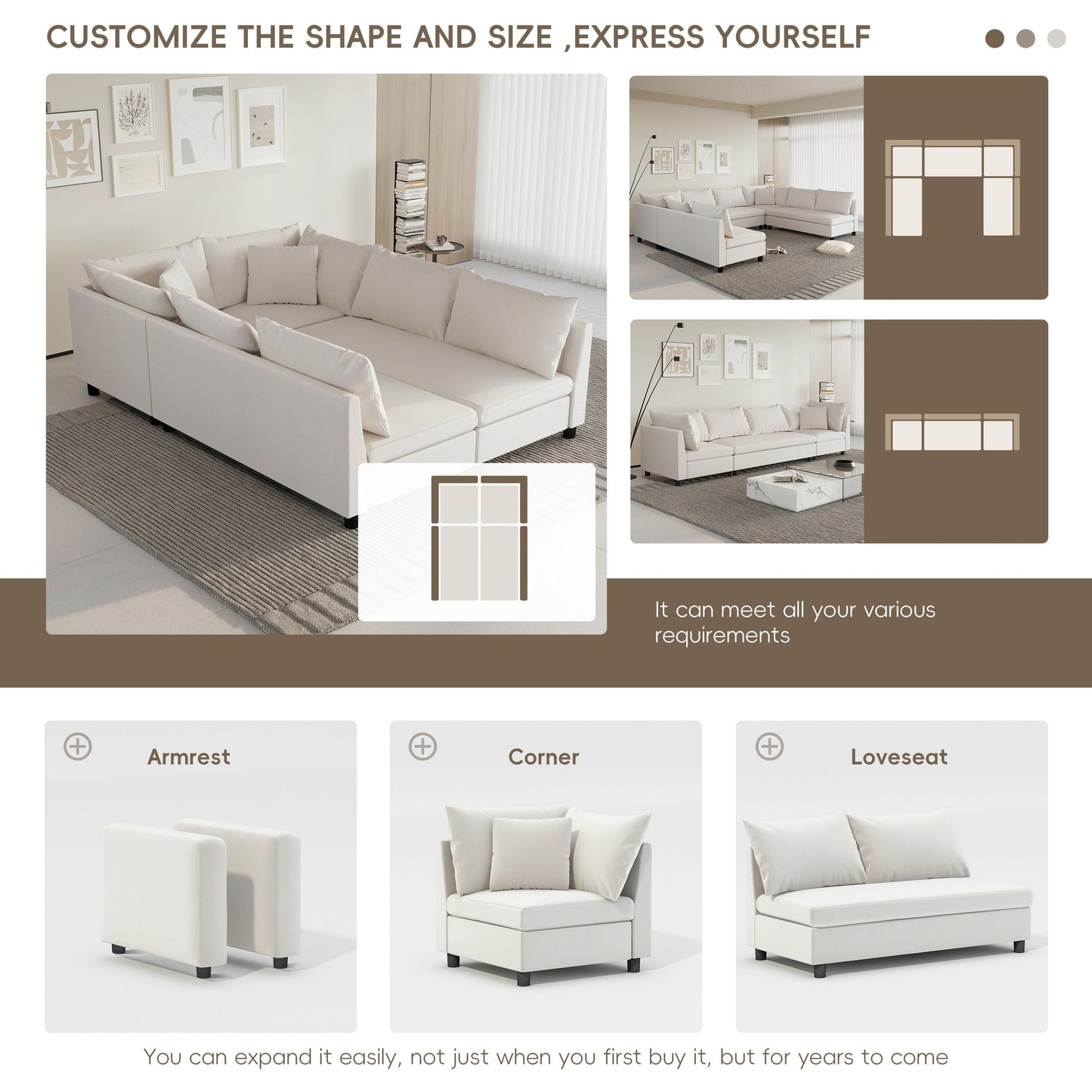 Modular Sectional Sofa Bed,Chenille Couch Set With Pillows,Free Combination,Convertible Sofa