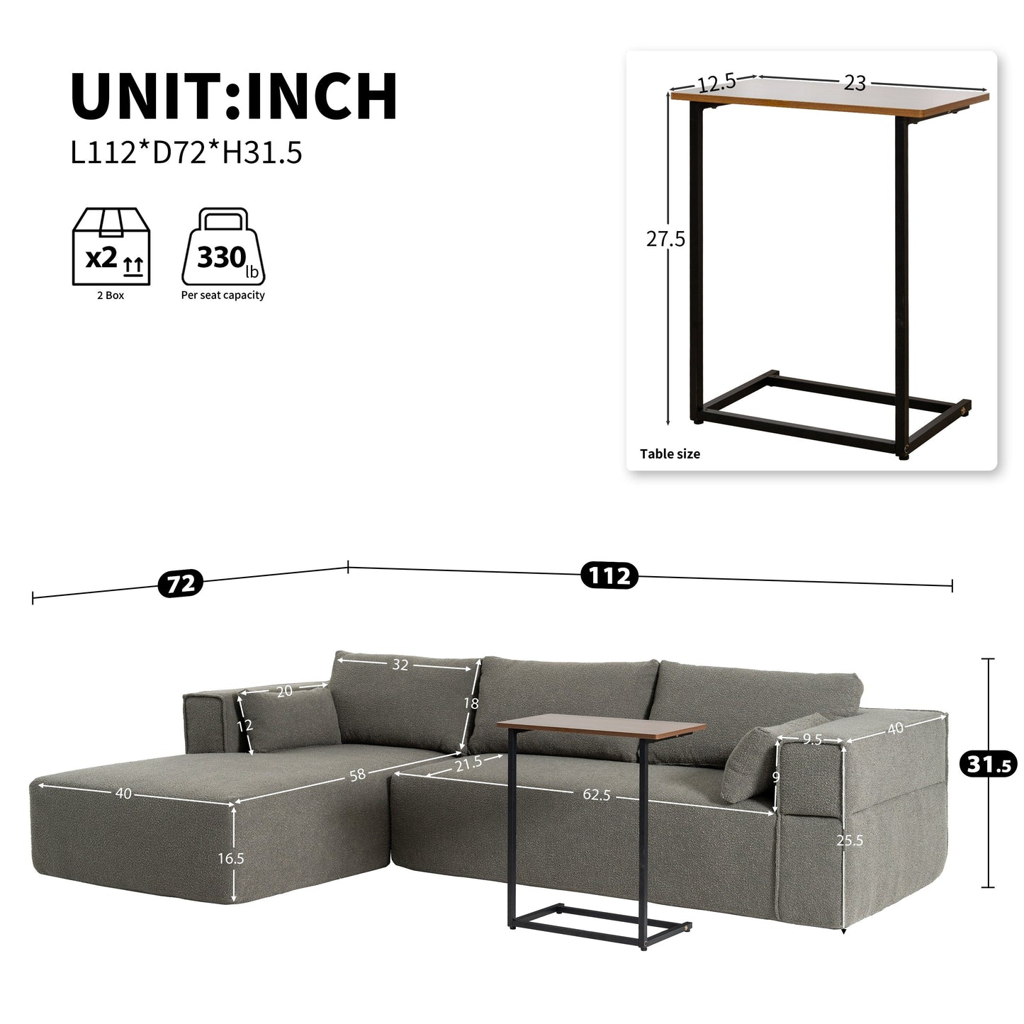 Modular Sectional Sofa With Free Side Table,Wide Seat,Fully Compressed,Wrinkle-Resistant Boucle Fabric Couch With Chaise