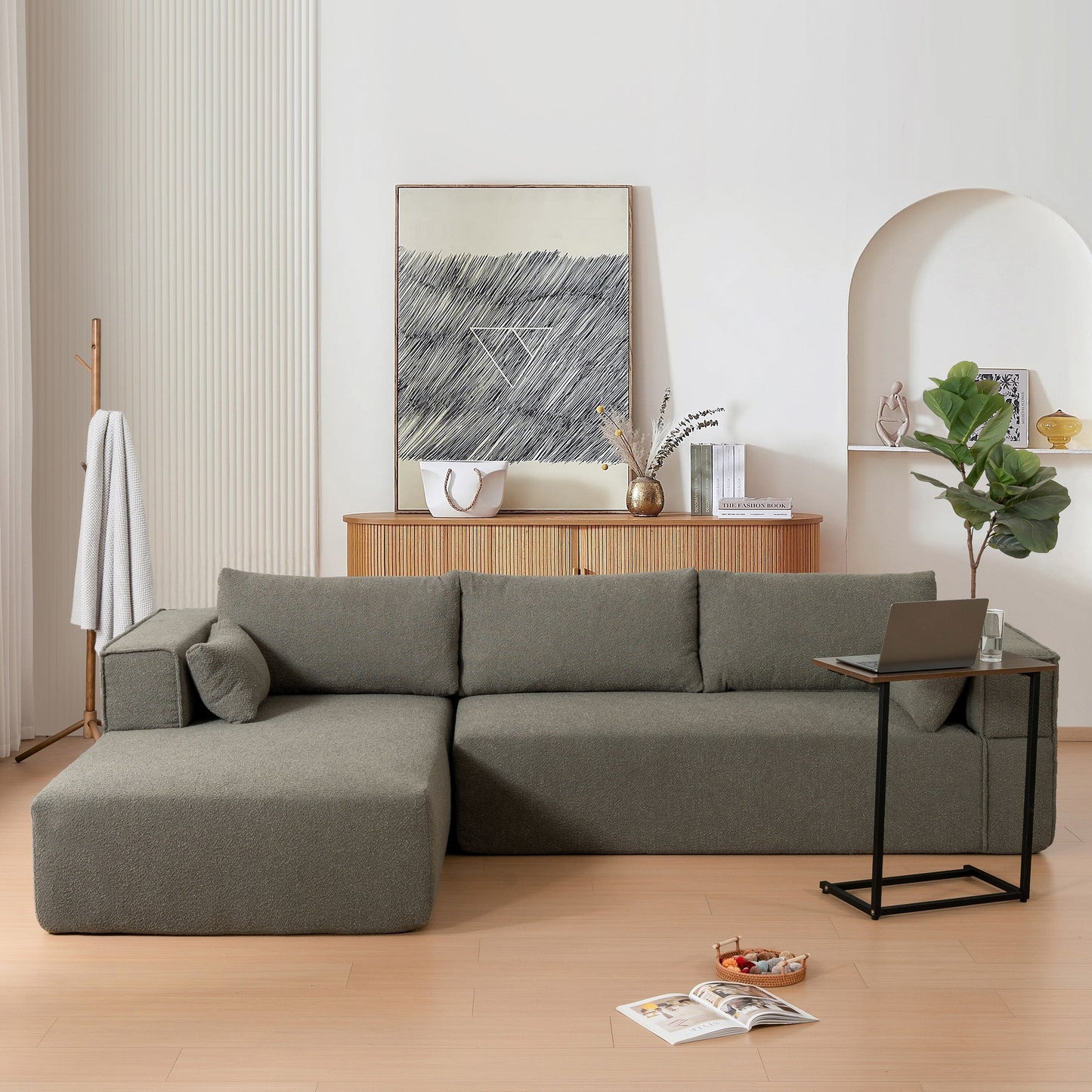 Modular Sectional Sofa With Free Side Table,Wide Seat,Fully Compressed,Wrinkle-Resistant Boucle Fabric Couch With Chaise