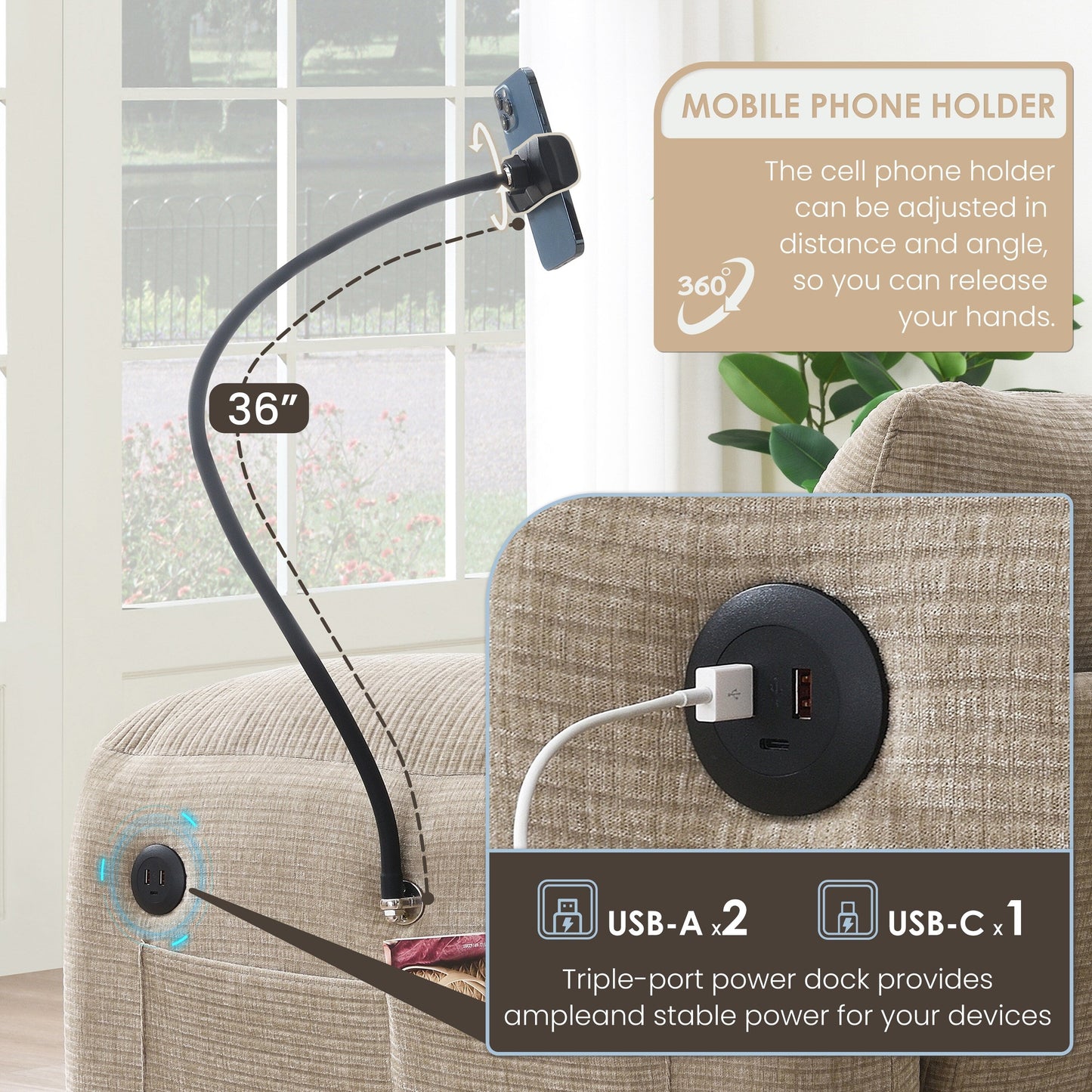 Modular Sectional Sofa, L-Shape With Extra-Wide Seat Cushion, Usb And Type-C Charger, Phone Holder & 2 Side Storage Pockets