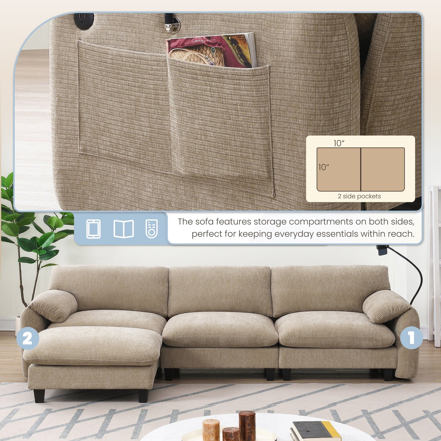 Modular Sectional Sofa, L-Shape With Extra-Wide Seat Cushion, Usb And Type-C Charger, Phone Holder & 2 Side Storage Pockets