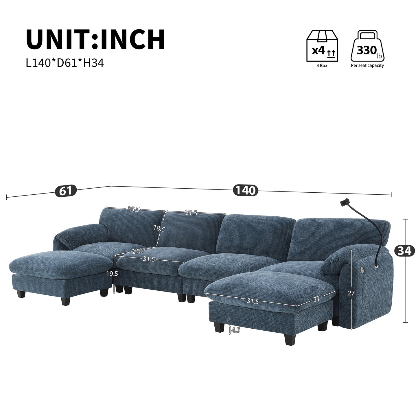 Modular Sectional Sofa, U-Shape With Extra-Wide Seat Cushion, Usb And Type-C Charger, Phone Holder And 2 Side Storage Pockets
