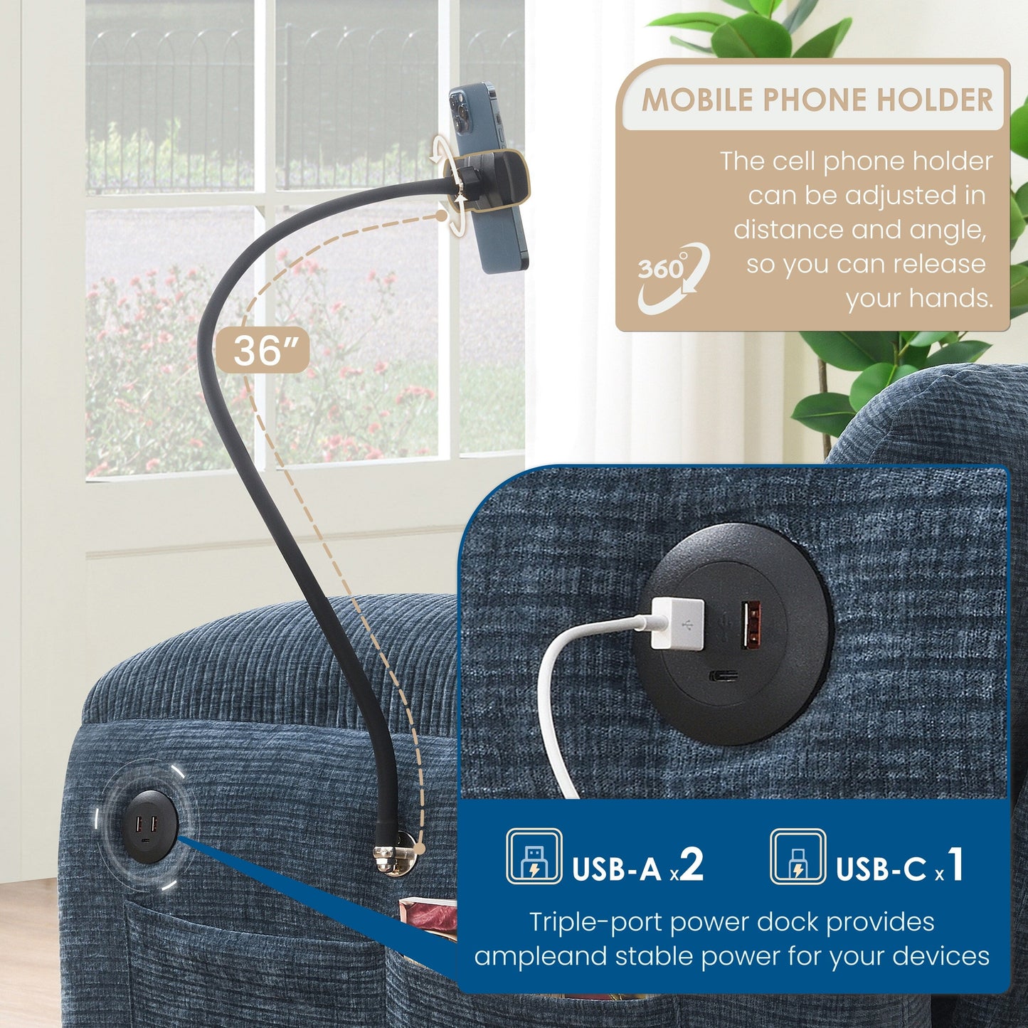 Modular Sectional Sofa, U-Shape With Extra-Wide Seat Cushion, Usb And Type-C Charger, Phone Holder And 2 Side Storage Pockets