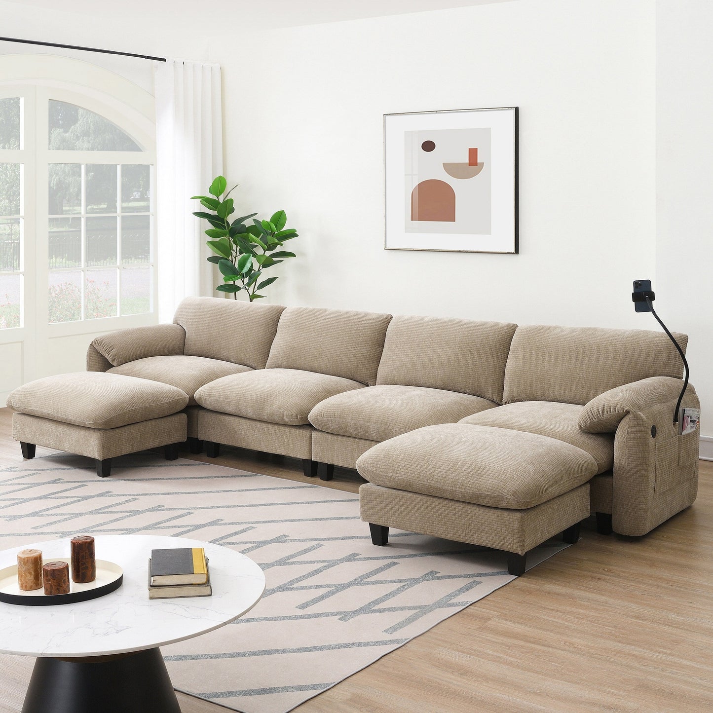 Modular Sectional Sofa, U-Shape With Extra-Wide Seat Cushion, Usb And Type-C Charger, Phone Holder And 2 Side Storage Pockets
