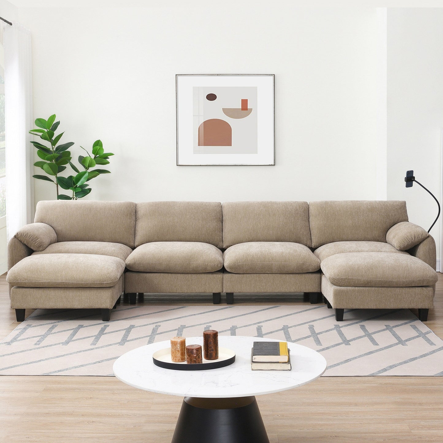 Modular Sectional Sofa, U-Shape With Extra-Wide Seat Cushion, Usb And Type-C Charger, Phone Holder And 2 Side Storage Pockets
