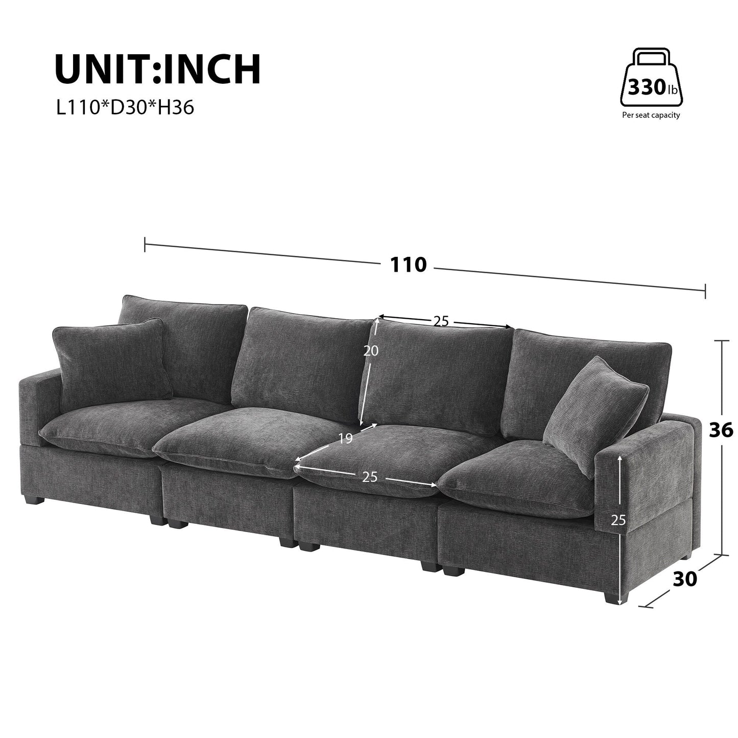 Modular Sofa, 4 Seat Chenille Sectional Couch Set With 2 Pillows Included, Freely Combinable