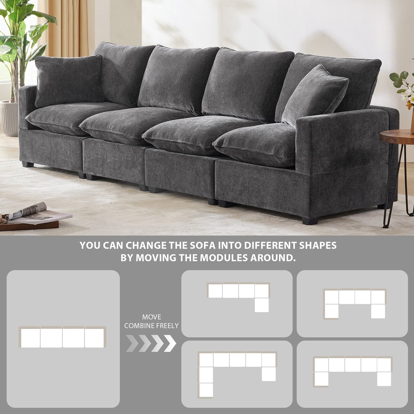 Modular Sofa, 4 Seat Chenille Sectional Couch Set With 2 Pillows Included, Freely Combinable