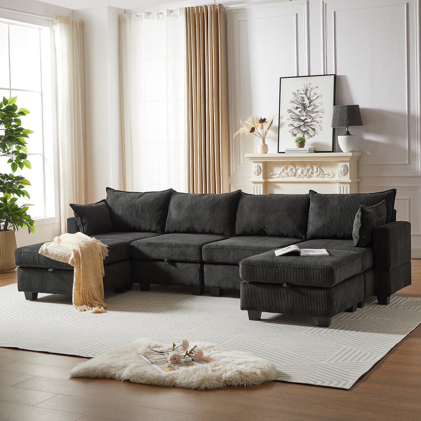 Modular U-Shaped Corduroy Sectional Sofa, 6-Seat Convertible Couch with Storage Ottoman and Chaise for Living Room