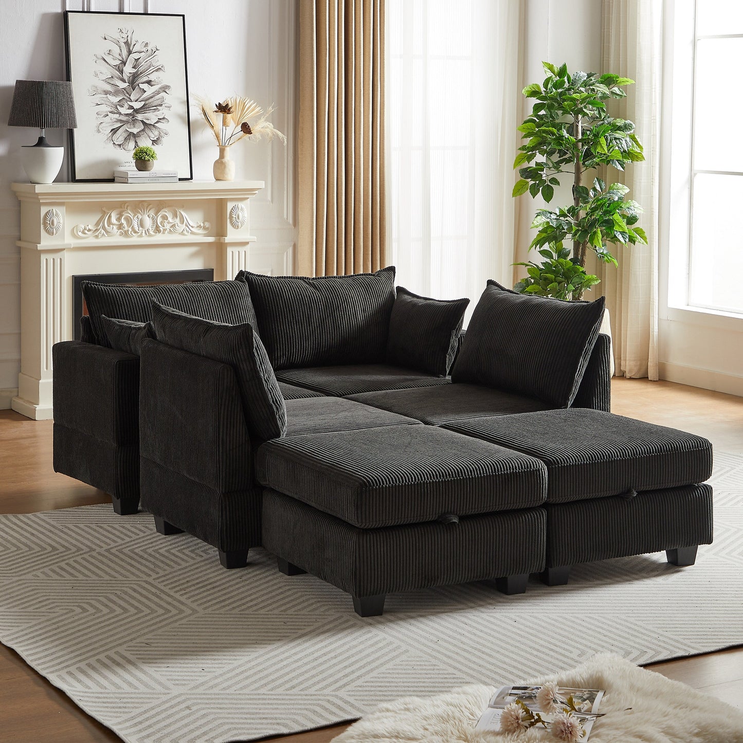 Modular U-Shaped Corduroy Sectional Sofa, 6-Seat Convertible Couch with Storage Ottoman and Chaise for Living Room