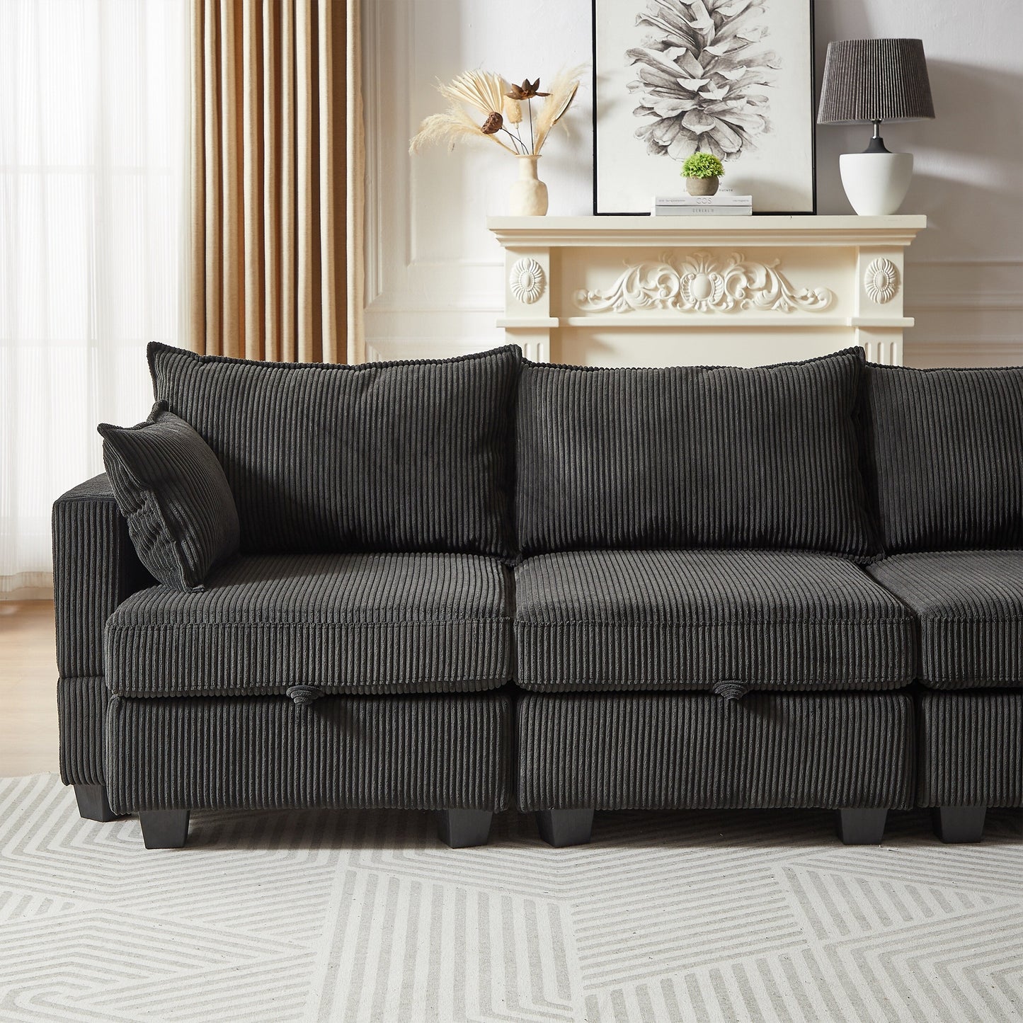 Modular U-Shaped Corduroy Sectional Sofa, 6-Seat Convertible Couch with Storage Ottoman and Chaise for Living Room