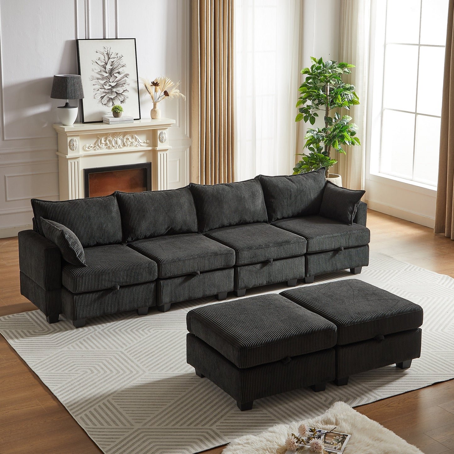 Modular U-Shaped Corduroy Sectional Sofa, 6-Seat Convertible Couch with Storage Ottoman and Chaise for Living Room