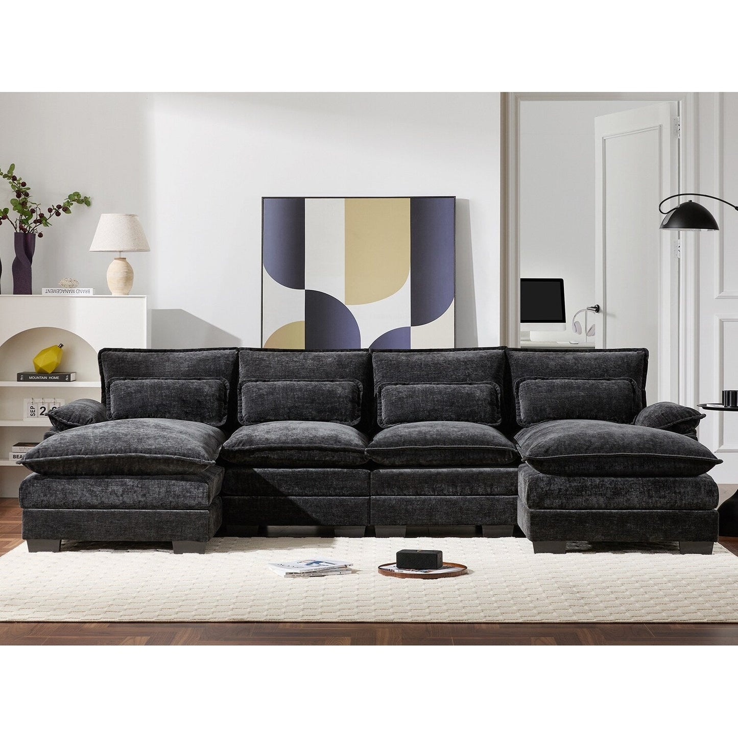 Modular U-Shaped Sectional Sofa With Waist Pillows,6 Seat Upholstered Symmetrical,Chenille Cloud Couch Set With Chaise Lounge