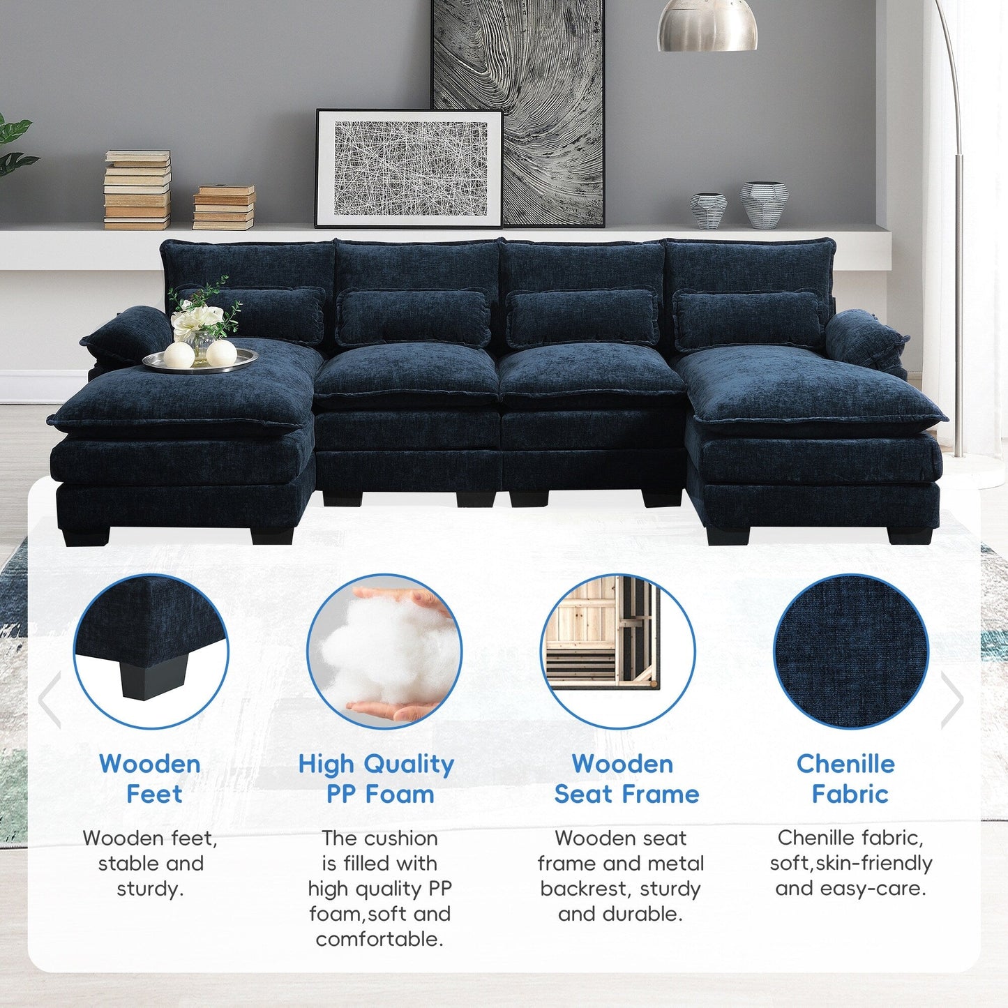 Modular U-Shaped Sectional Sofa With Waist Pillows,6 Seat Upholstered Symmetrical,Chenille Cloud Couch Set With Chaise Lounge