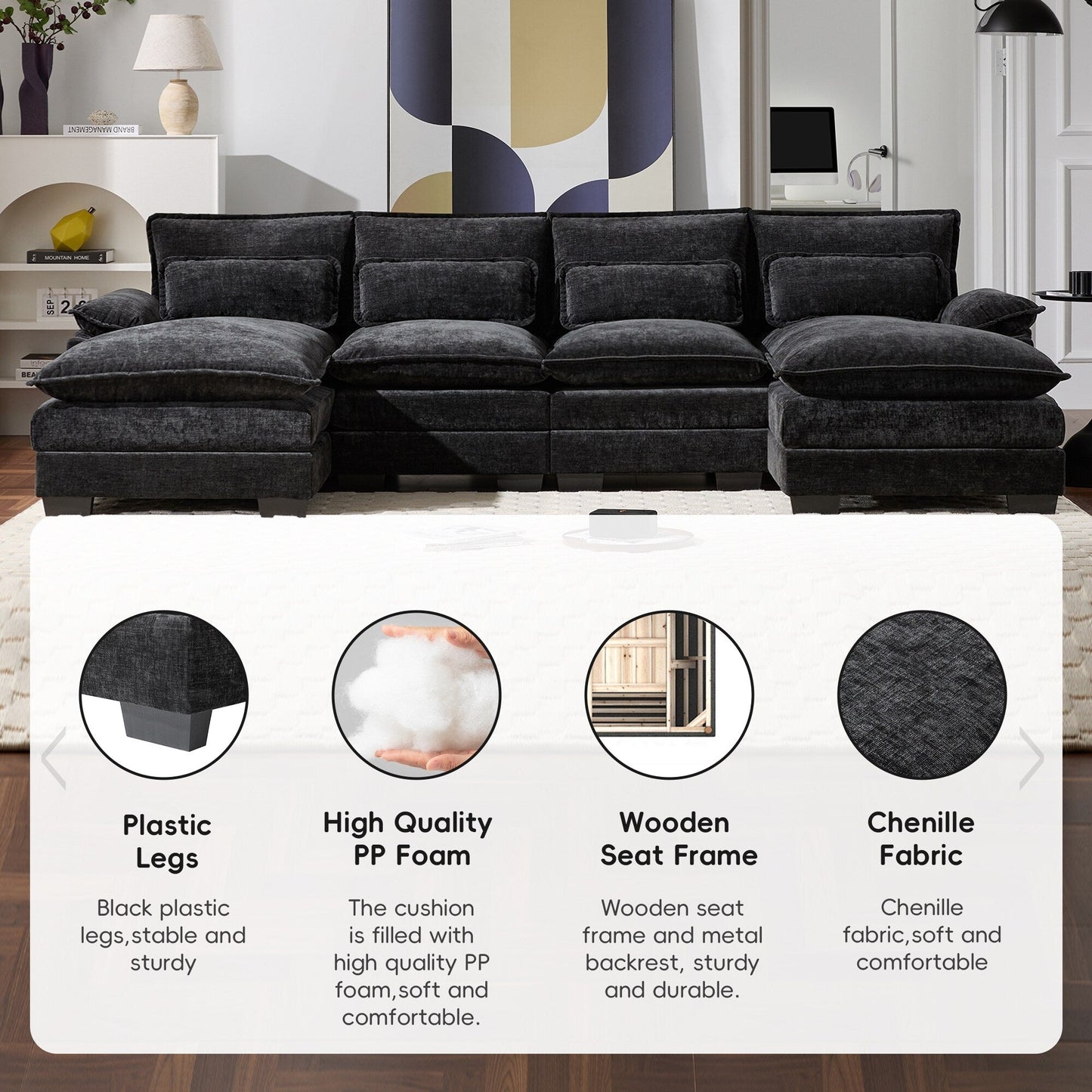 Modular U-Shaped Sectional Sofa With Waist Pillows,6 Seat Upholstered Symmetrical,Chenille Cloud Couch Set With Chaise Lounge