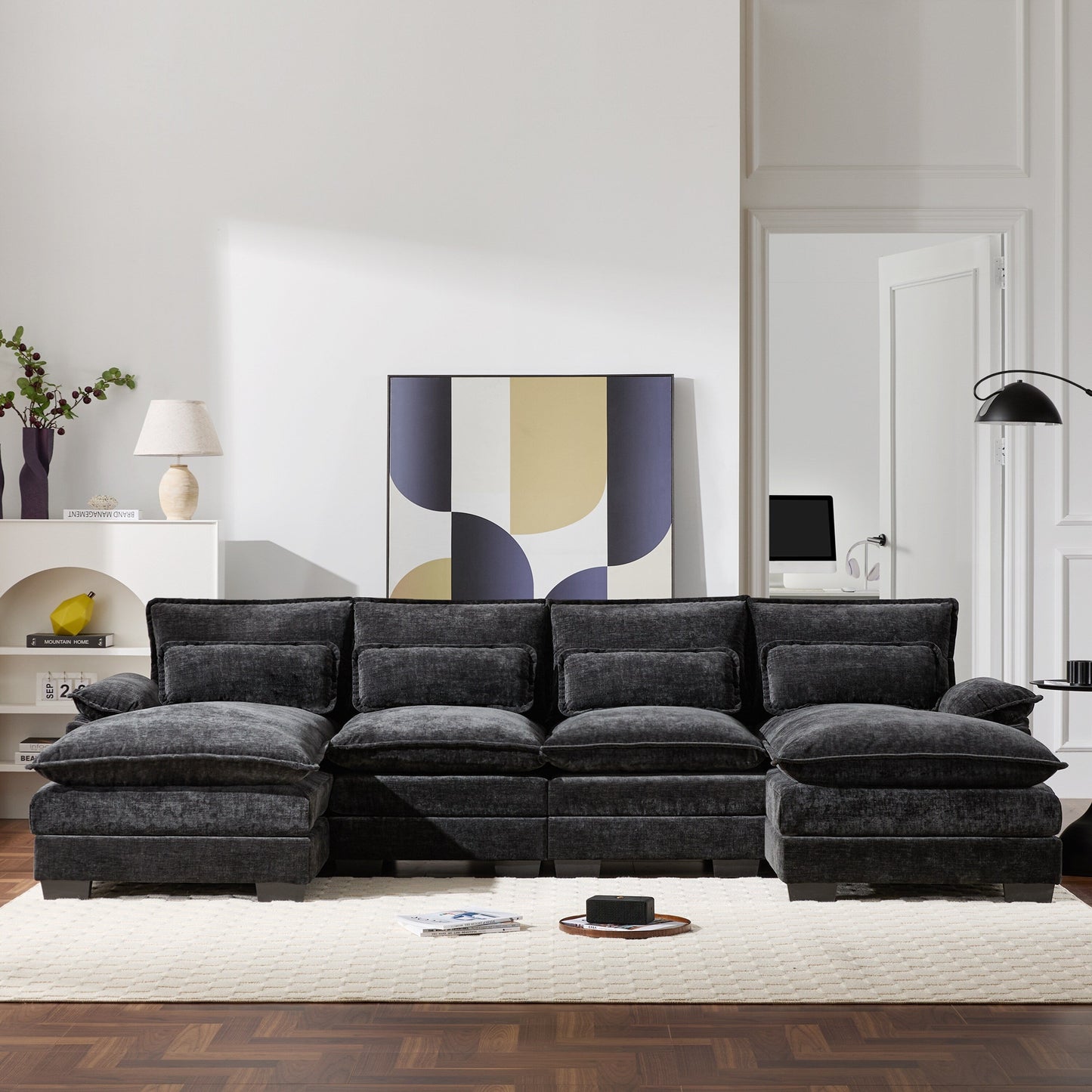 Modular U-Shaped Sectional Sofa With Waist Pillows,6 Seat Upholstered Symmetrical,Chenille Cloud Couch Set With Chaise Lounge