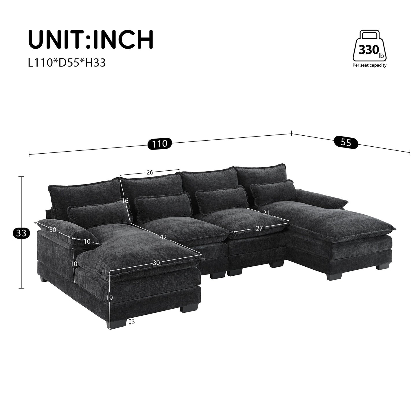 Modular U-Shaped Sectional Sofa With Waist Pillows,6 Seat Upholstered Symmetrical,Chenille Cloud Couch Set With Chaise Lounge