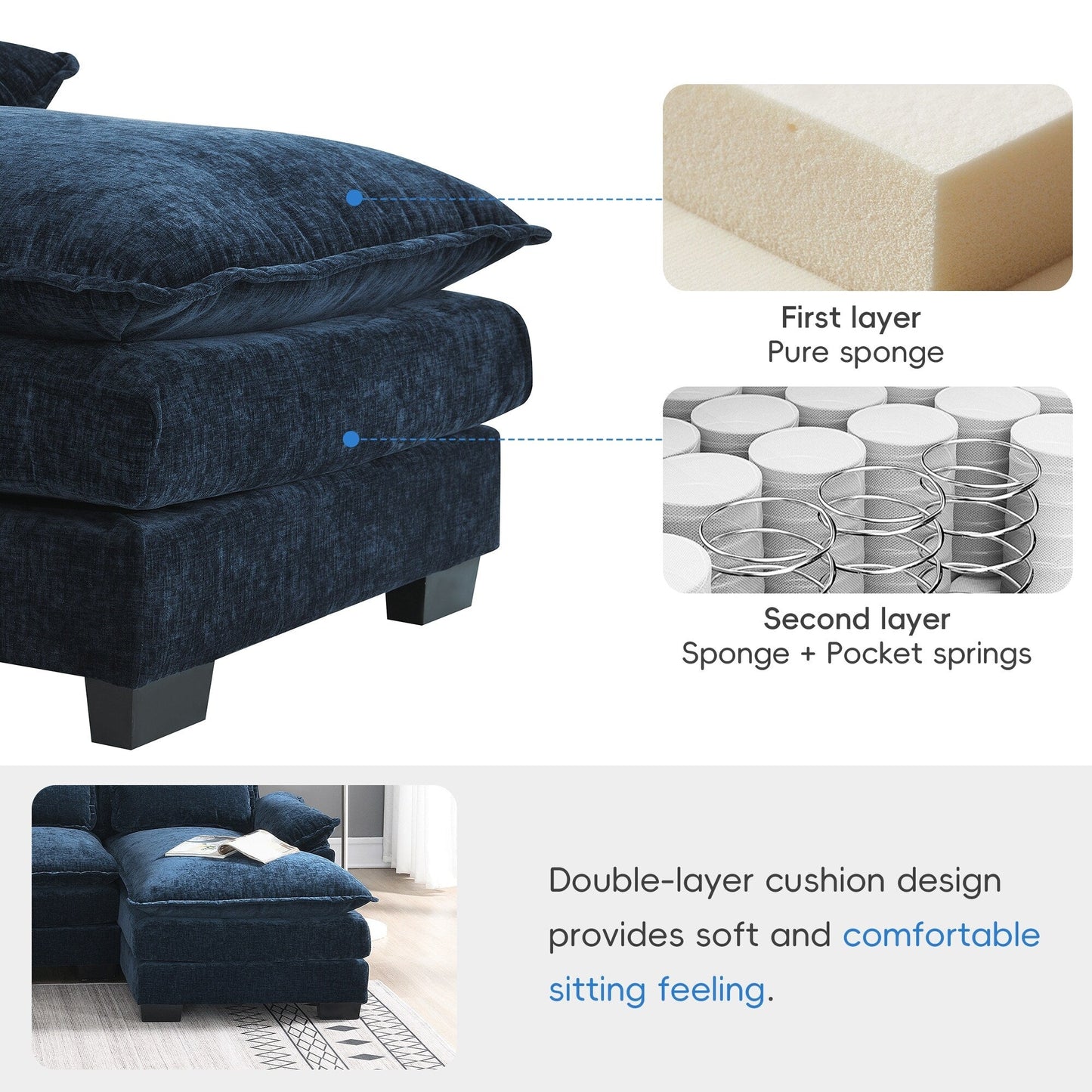 Modular U-Shaped Sectional Sofa With Waist Pillows,6 Seat Upholstered Symmetrical,Chenille Cloud Couch Set With Chaise Lounge