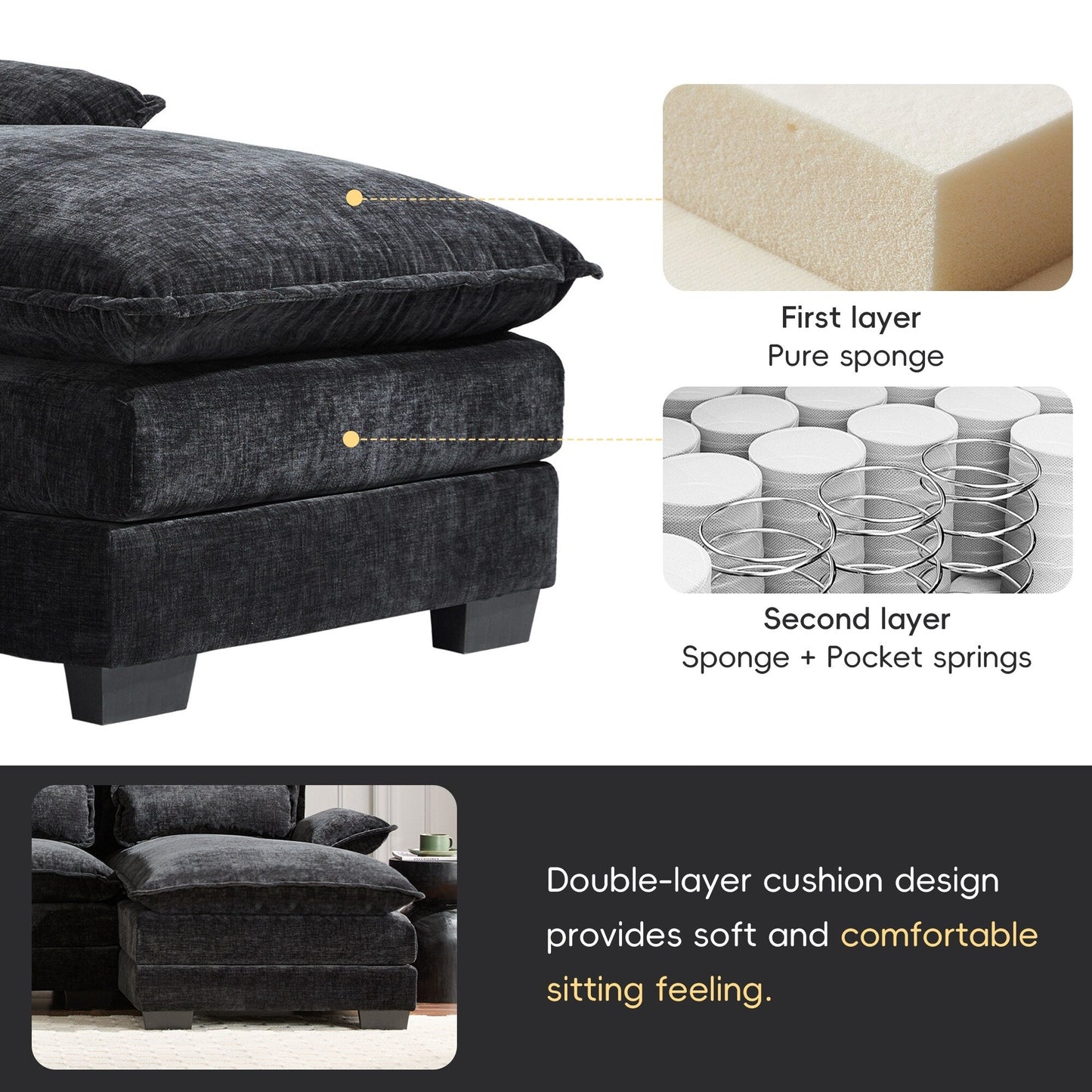 Modular U-Shaped Sectional Sofa With Waist Pillows,6 Seat Upholstered Symmetrical,Chenille Cloud Couch Set With Chaise Lounge