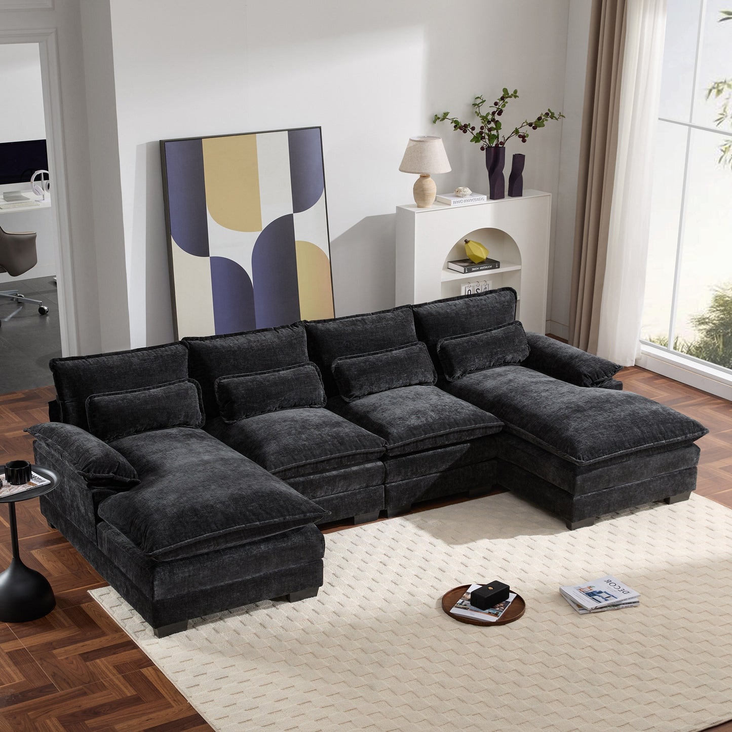 Modular U-Shaped Sectional Sofa With Waist Pillows,6 Seat Upholstered Symmetrical,Chenille Cloud Couch Set With Chaise Lounge