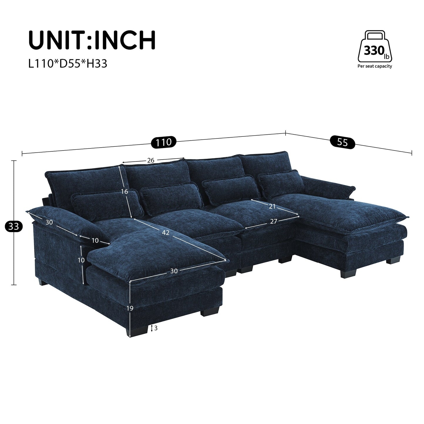 Modular U-Shaped Sectional Sofa With Waist Pillows,6 Seat Upholstered Symmetrical,Chenille Cloud Couch Set With Chaise Lounge