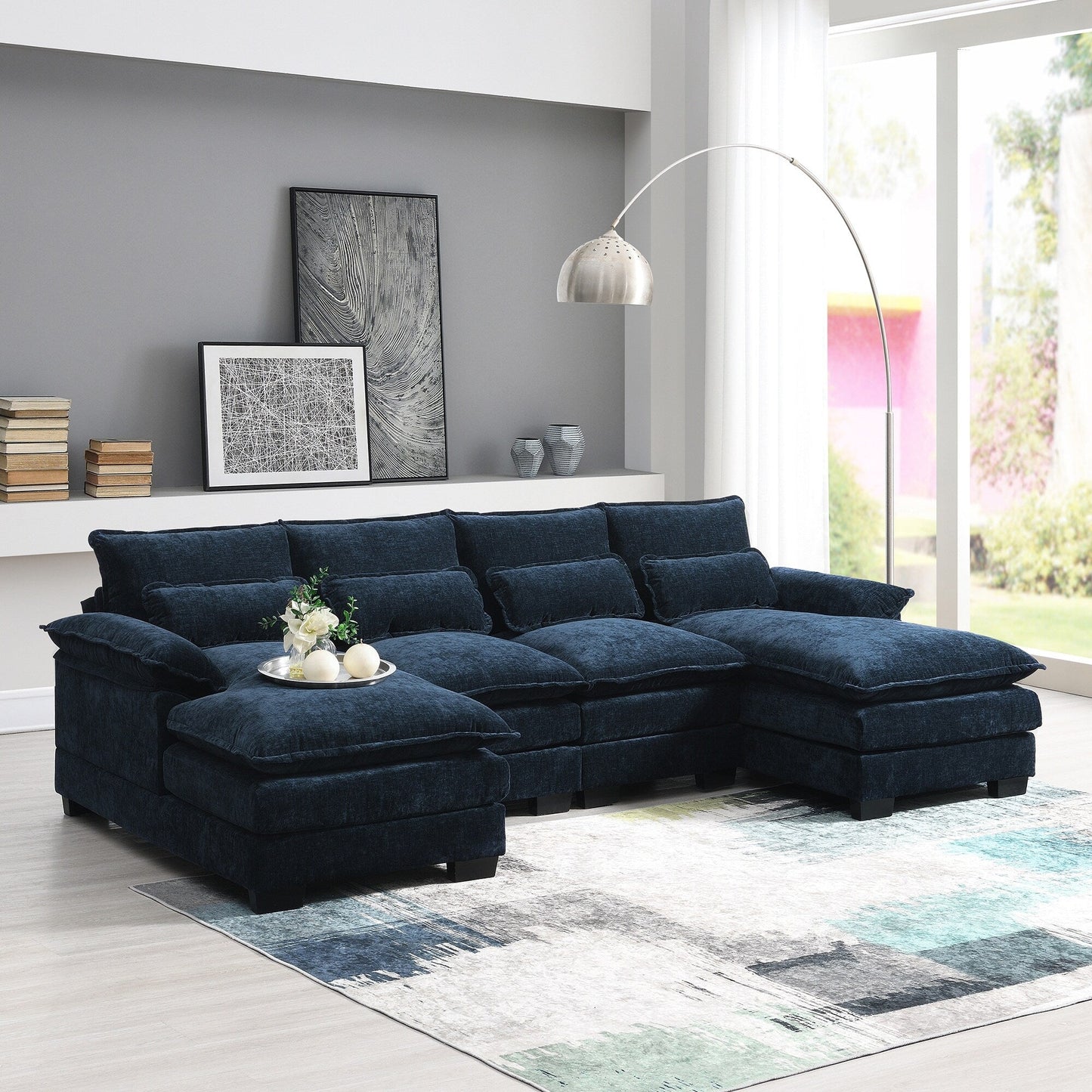 Modular U-Shaped Sectional Sofa With Waist Pillows,6 Seat Upholstered Symmetrical,Chenille Cloud Couch Set With Chaise Lounge