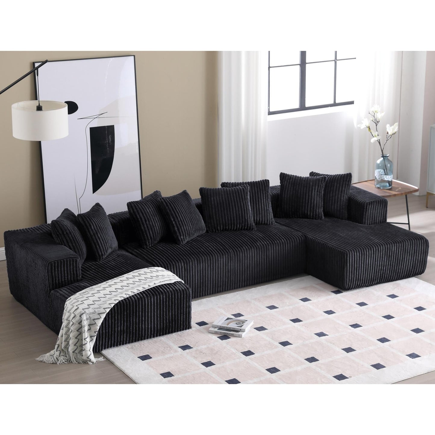 Modular U-Shaped Striped Corduroy 4-Seater Sectional Sofa with 2 Chaises and Loveseat for Living Room Bedroom